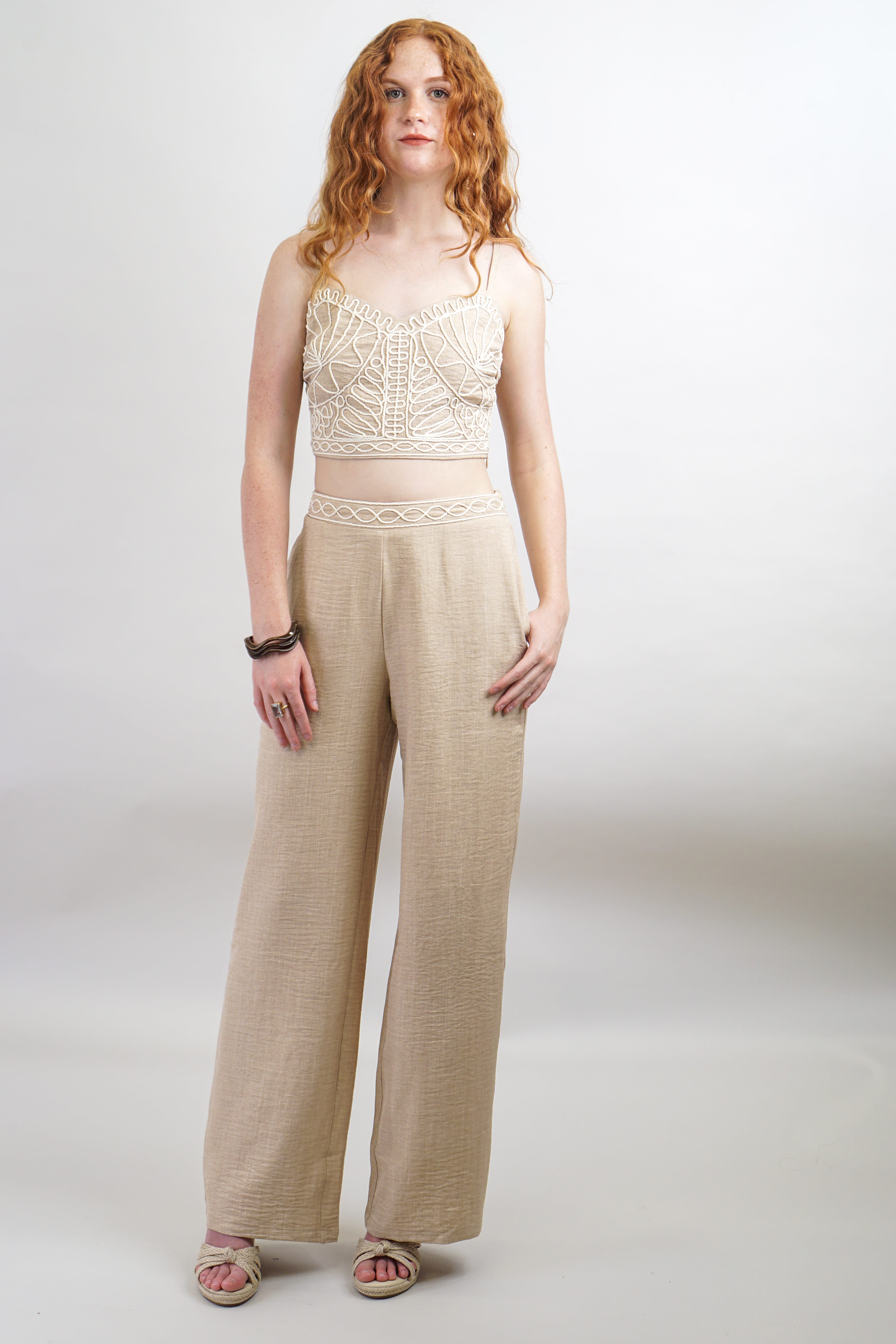 Private Label PANTS Beige Embroidered High Waisted Pant