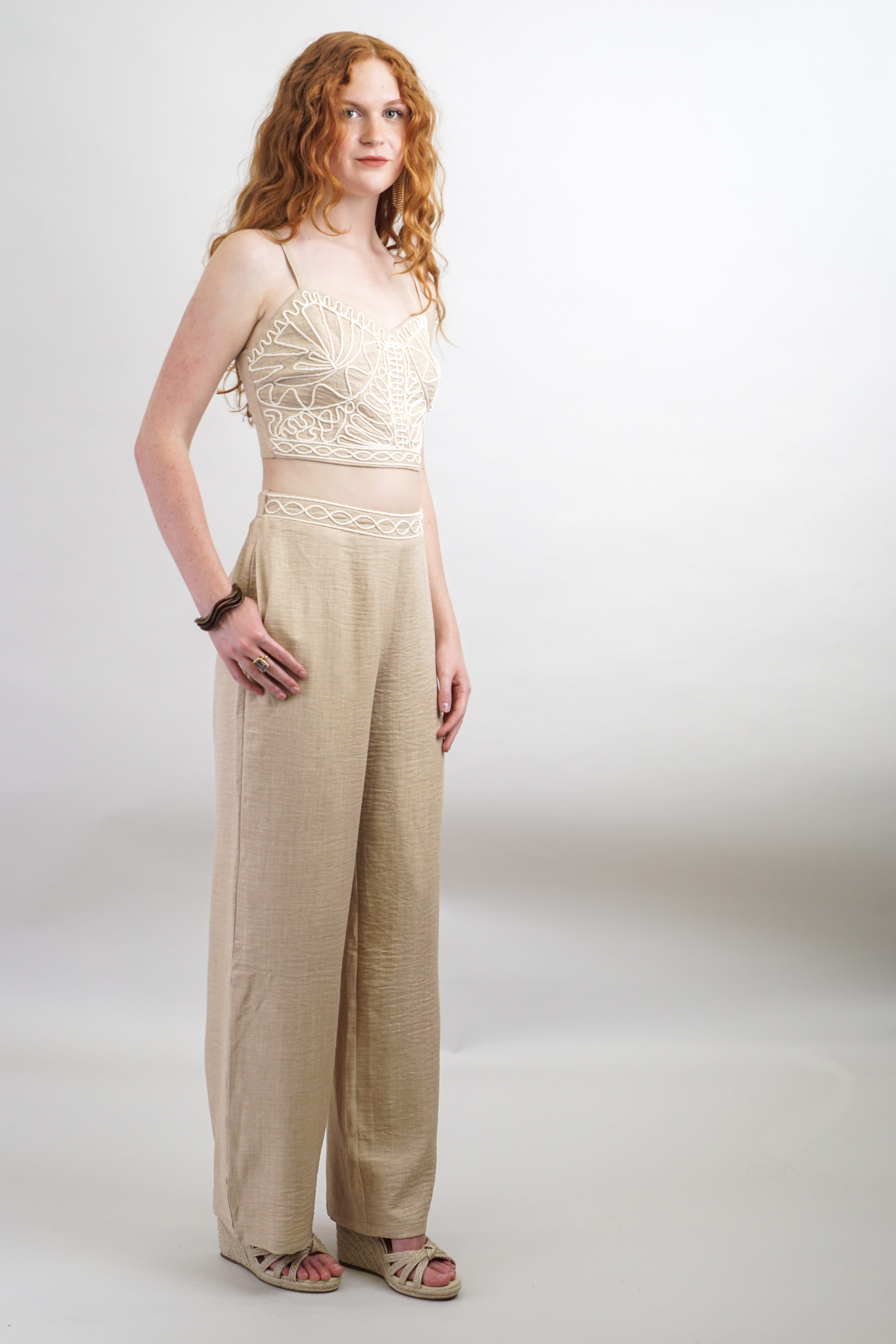 Private Label PANTS Beige Embroidered High Waisted Pant