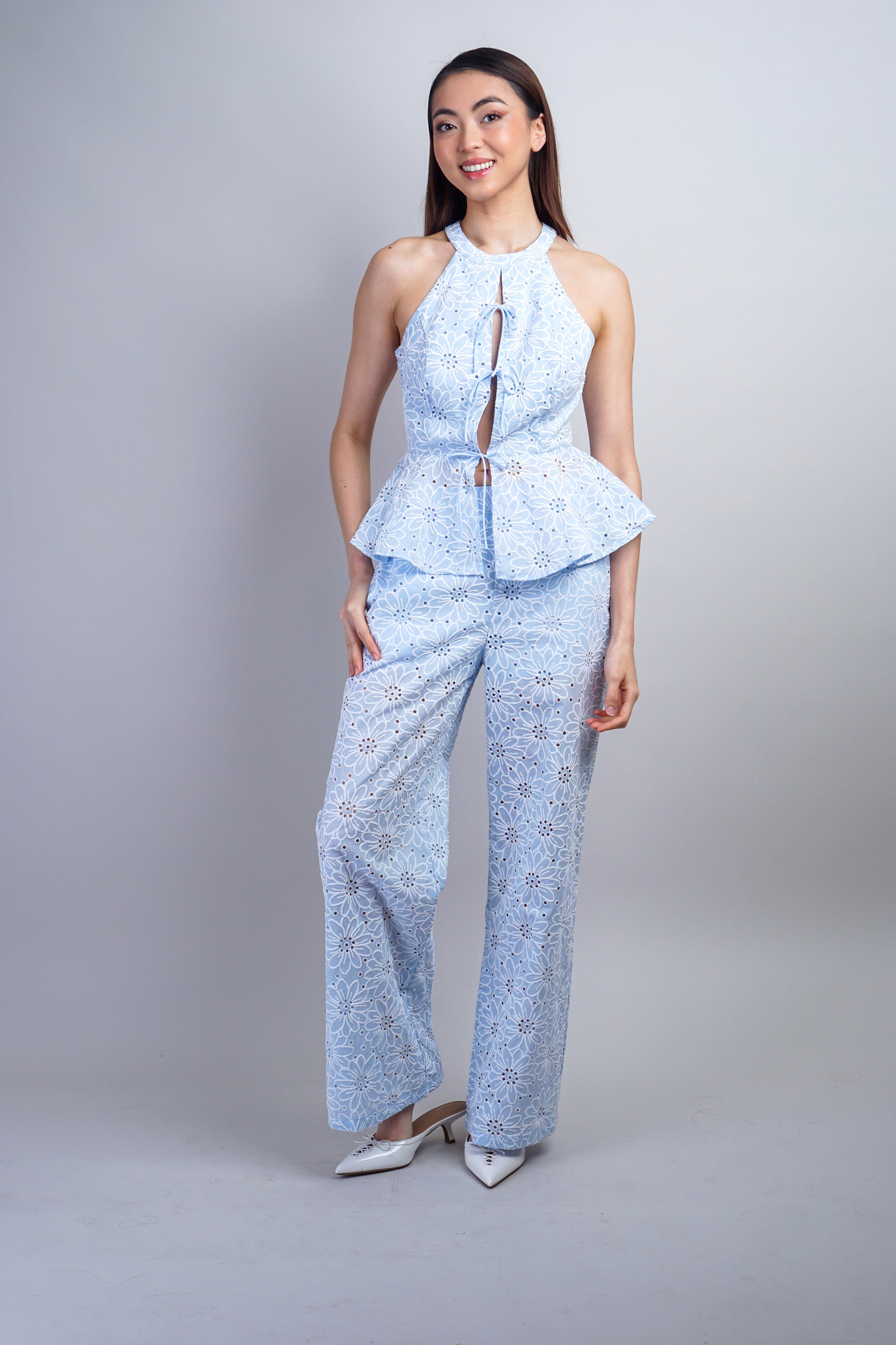 Private Label PANTS Blue White Embroidered Cotton Floral Pant