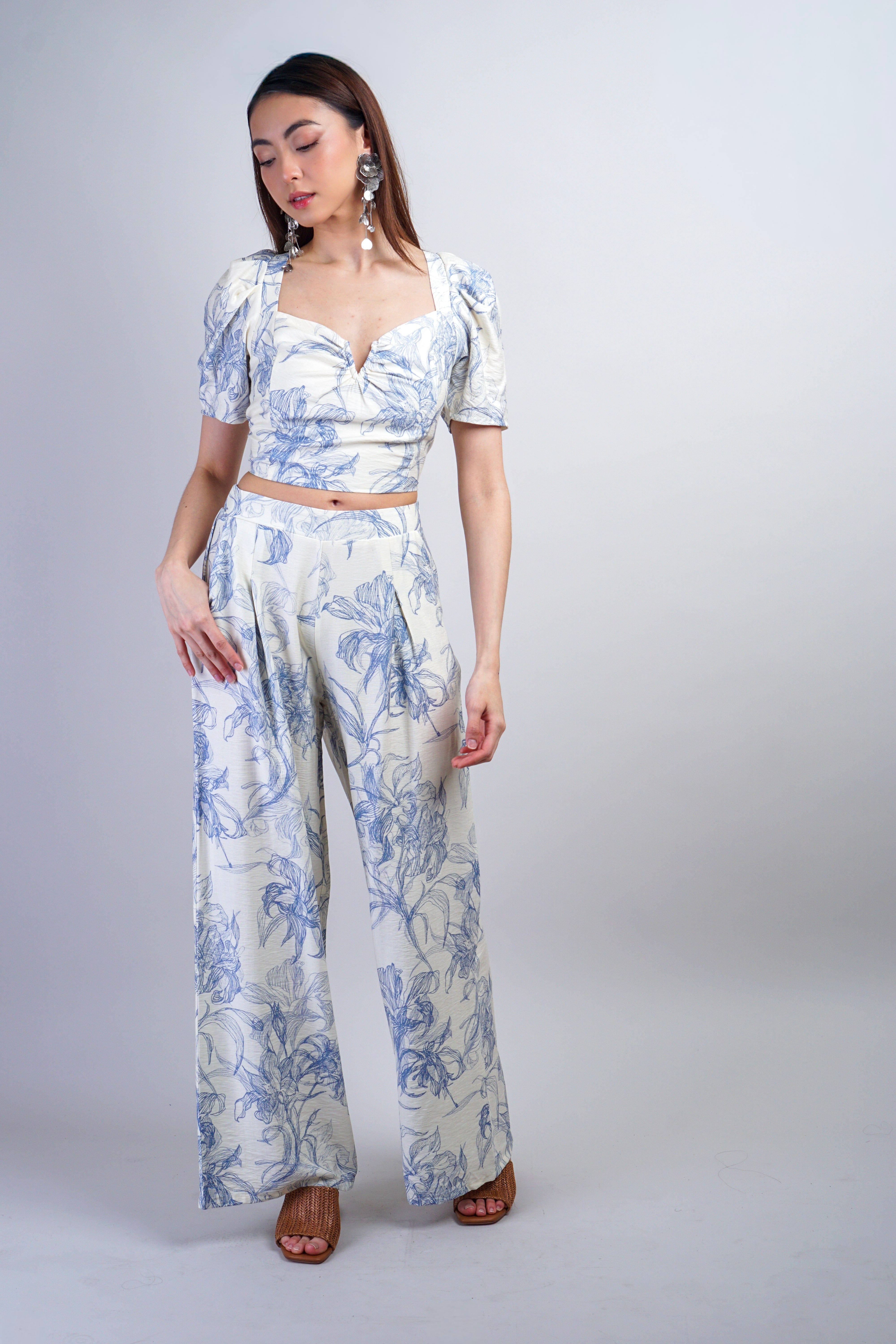 Private Label PANTS Ivory Blue Printed Pants