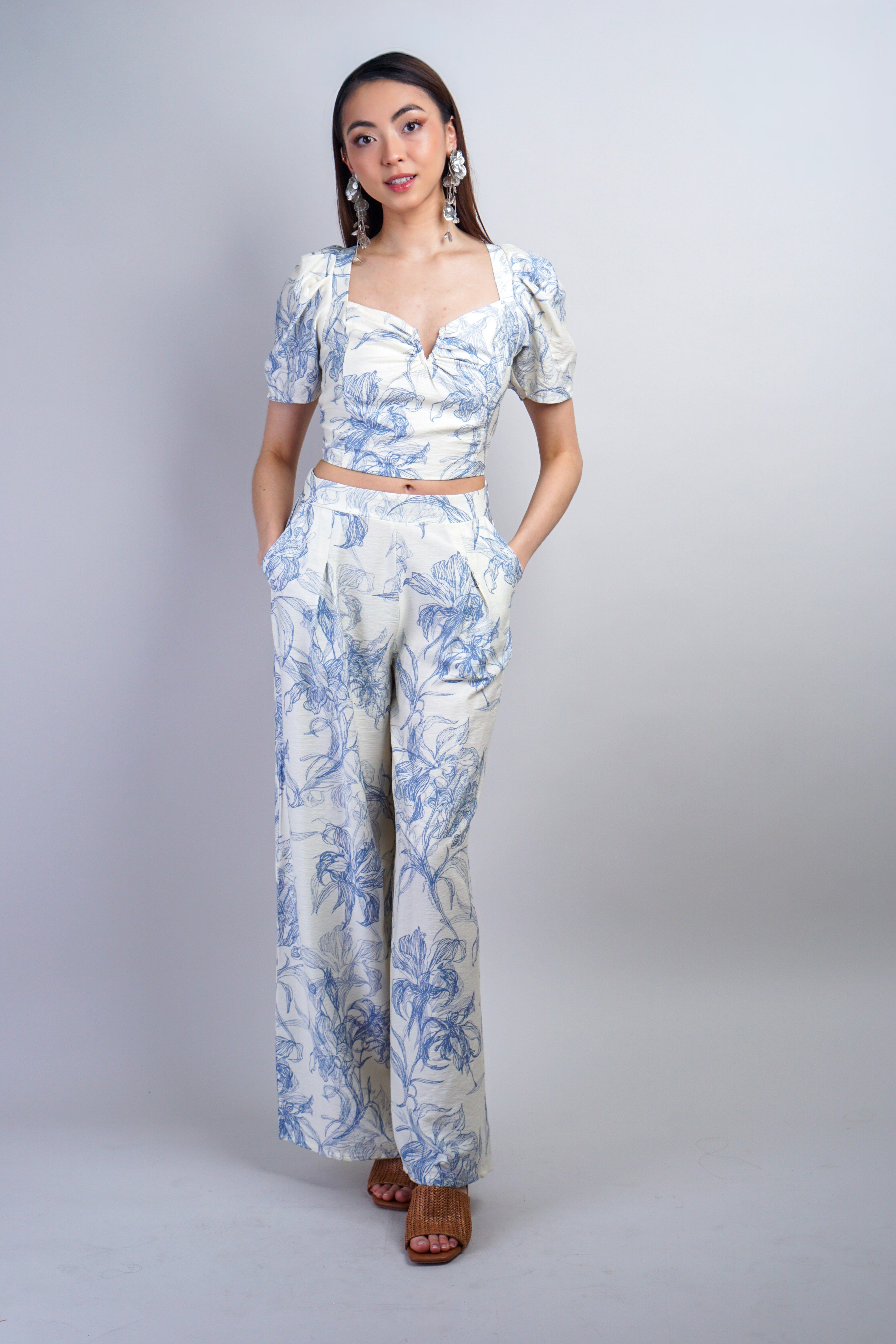 Private Label PANTS Ivory Blue Printed Pants
