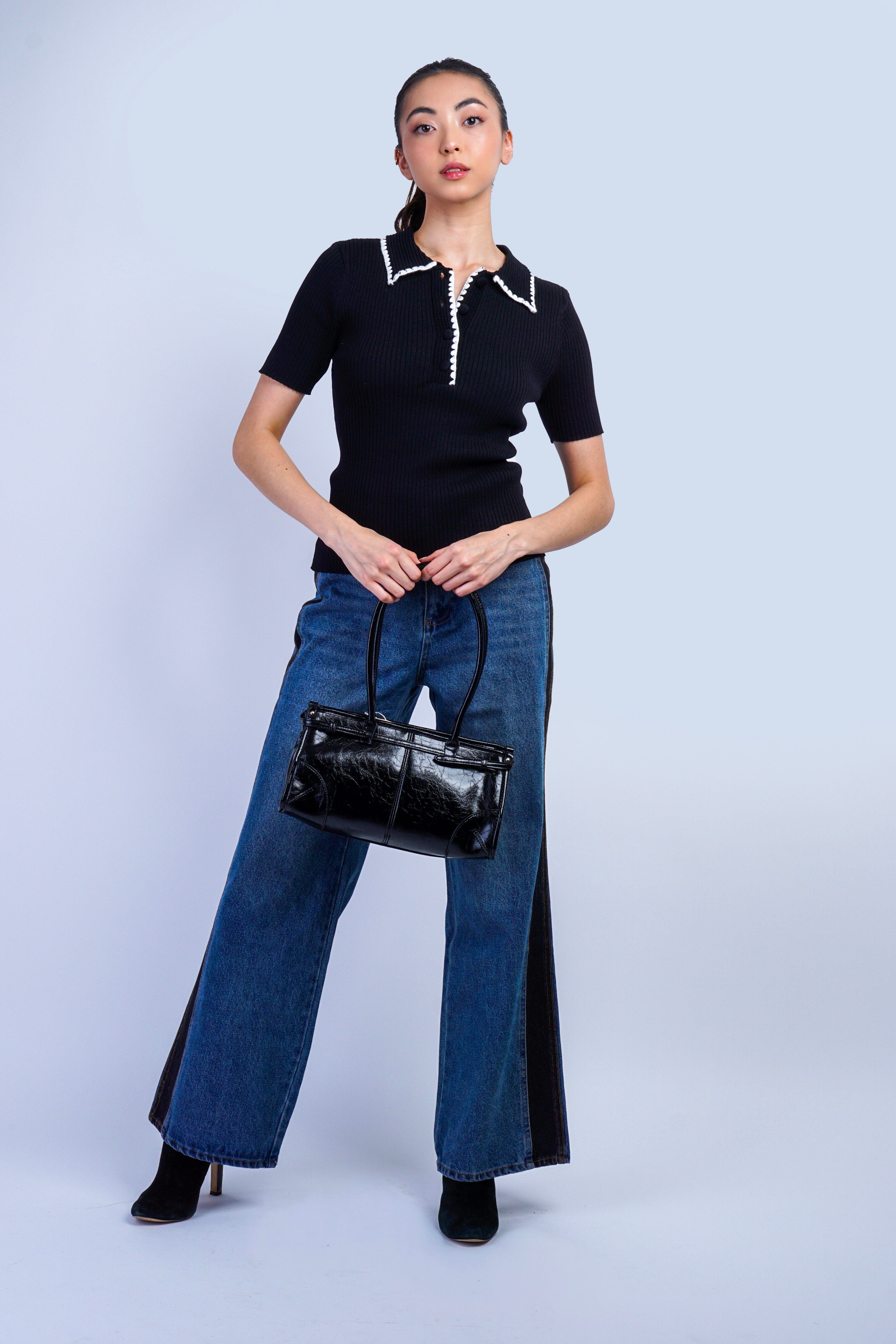 Private Label PANTS Med Wash Western Two Tone Panel Wide Denim Jeans