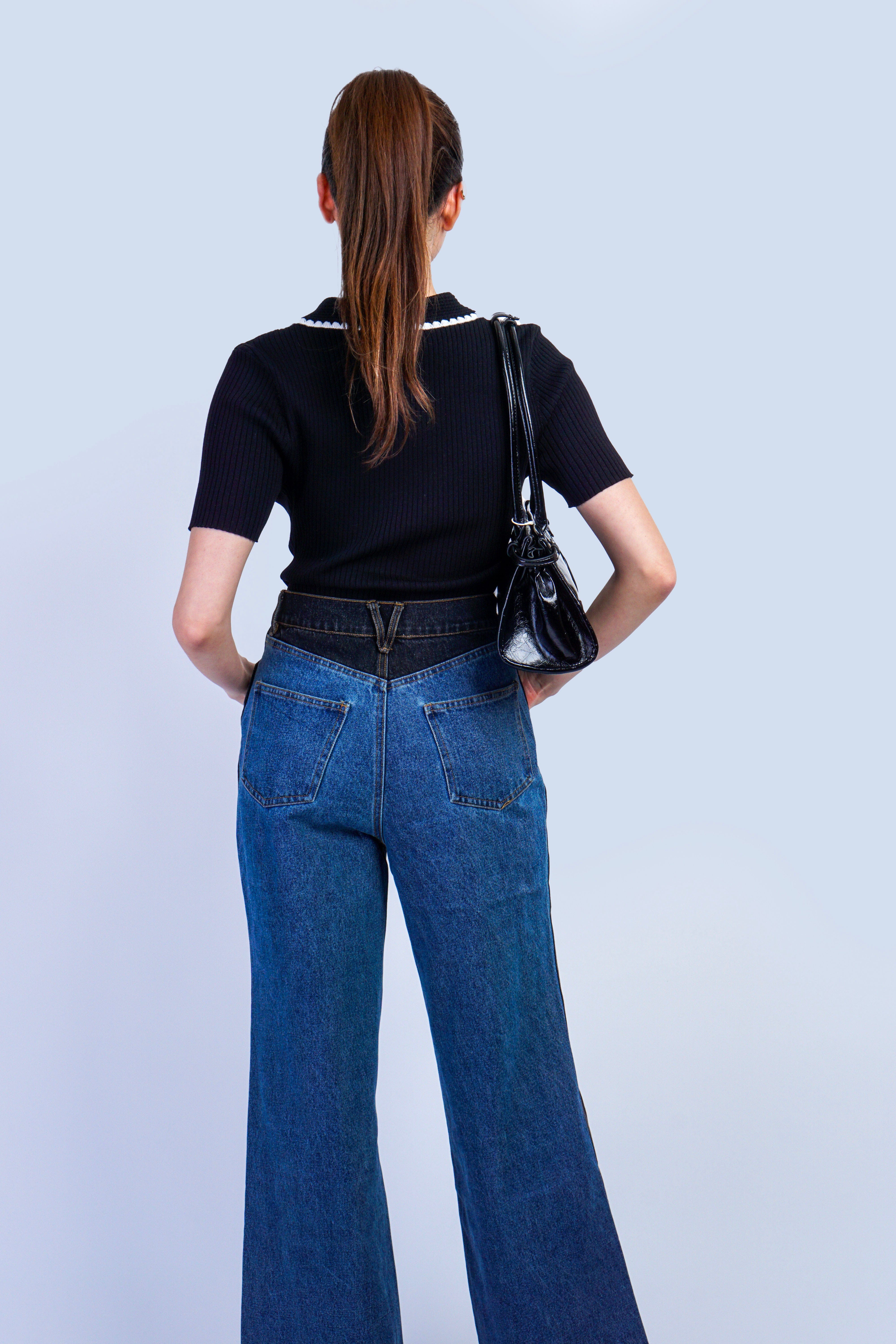 Private Label PANTS Med Wash Western Two Tone Panel Wide Denim Jeans