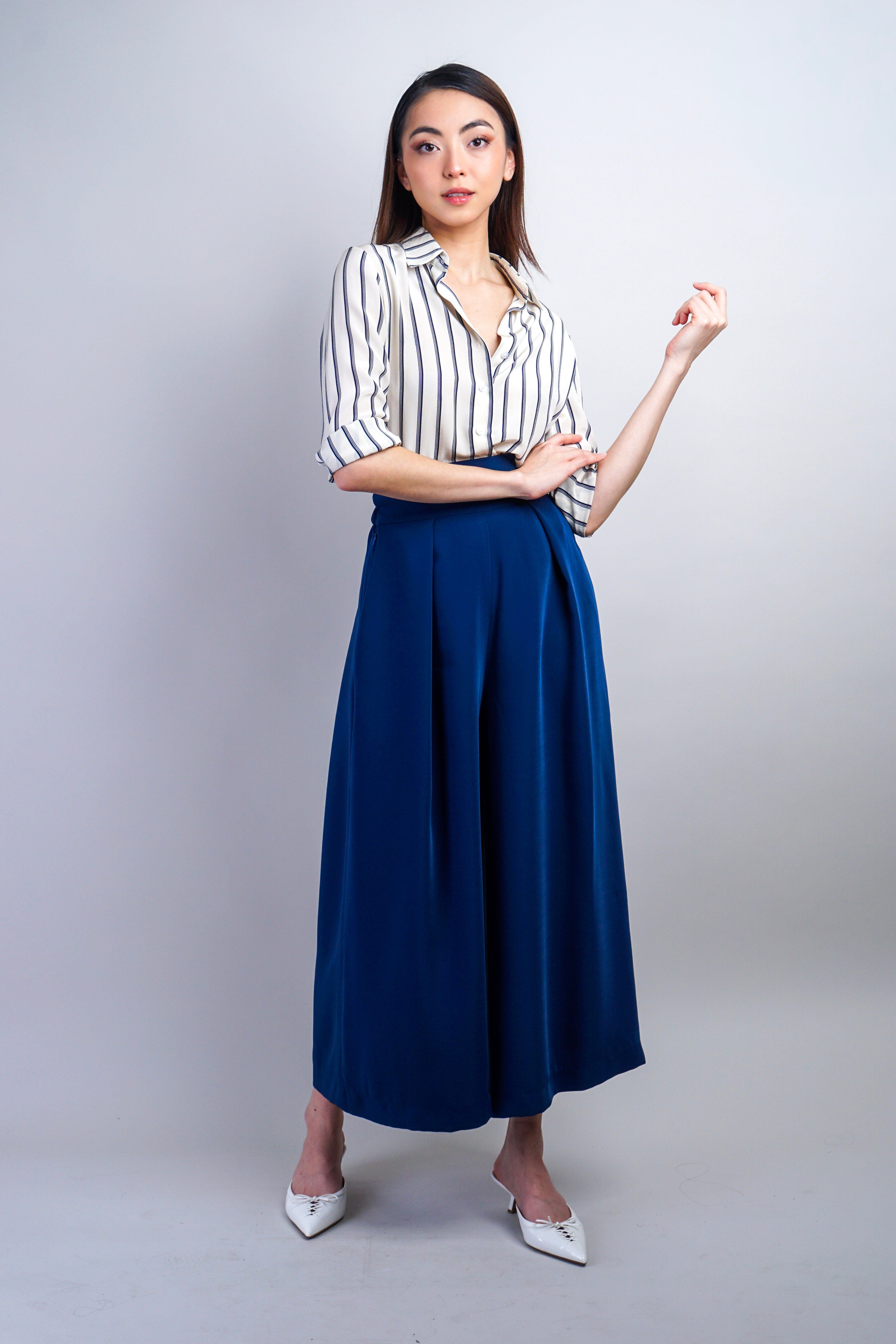 Chloe Dao PANTS Navy Pleated High Waist Wide Leg Kira Pants