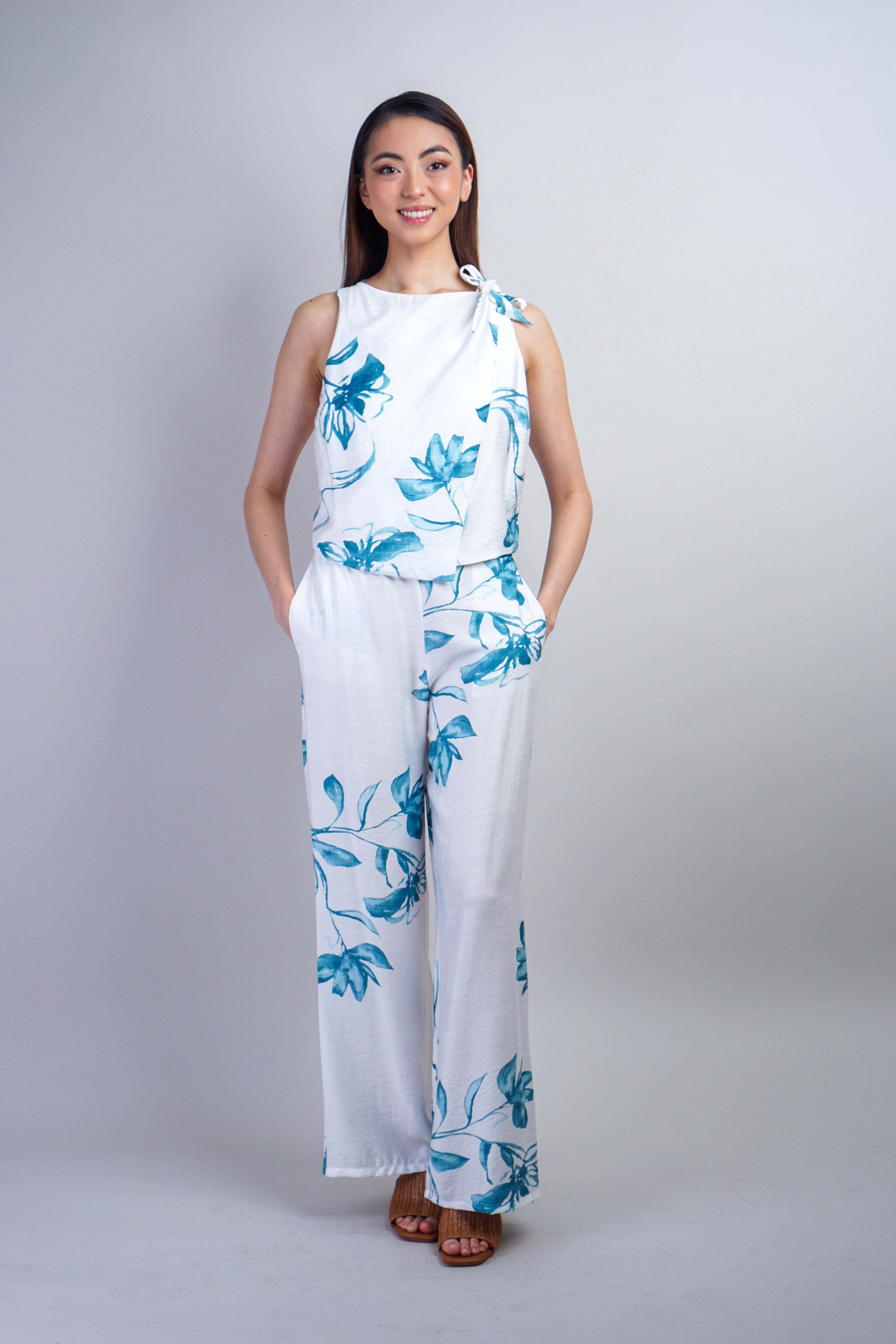 Private Label PANTS Teal Floral Linen Pant