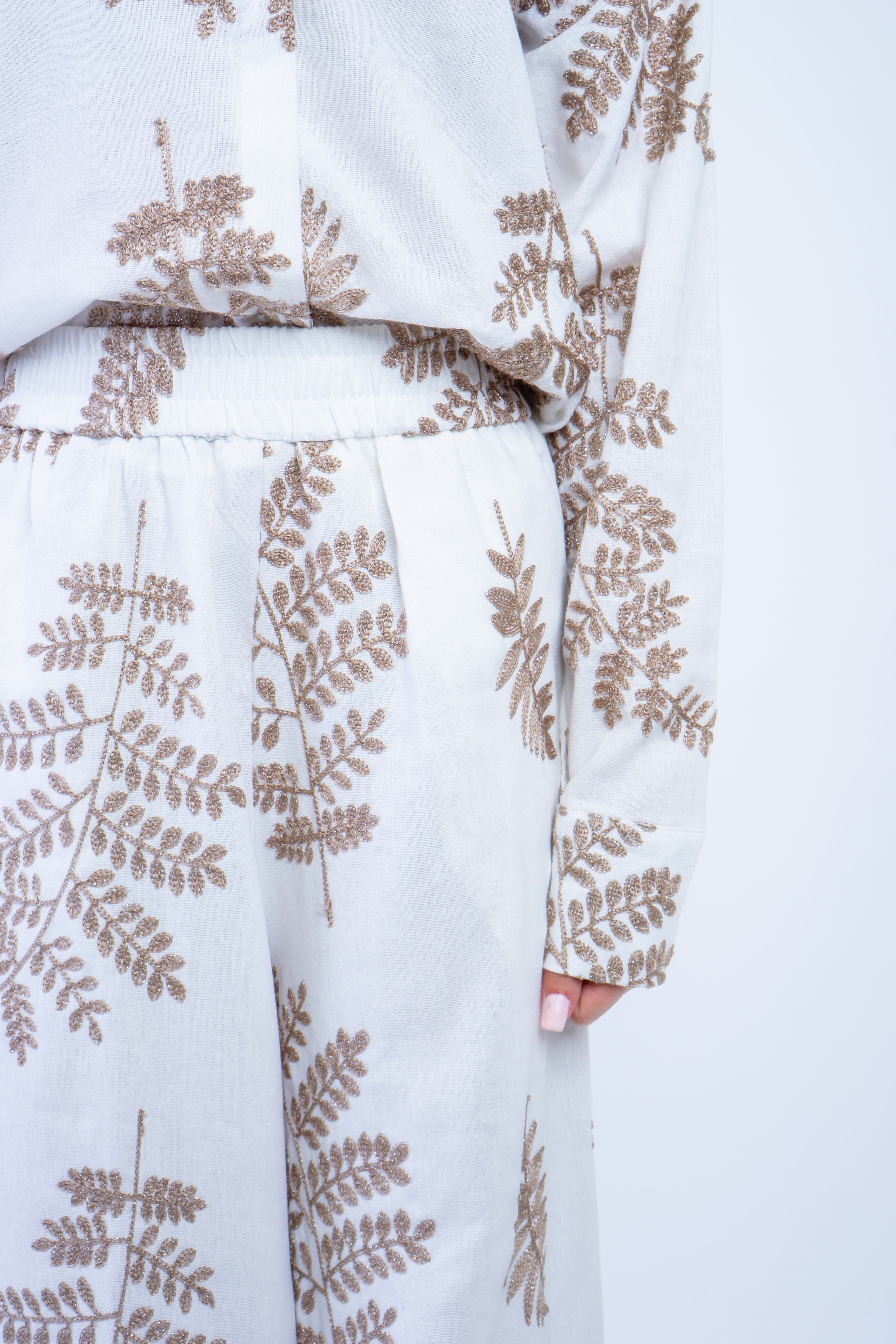 DCD PANTS White with Bronze Embroidered Leaves Linen Pants