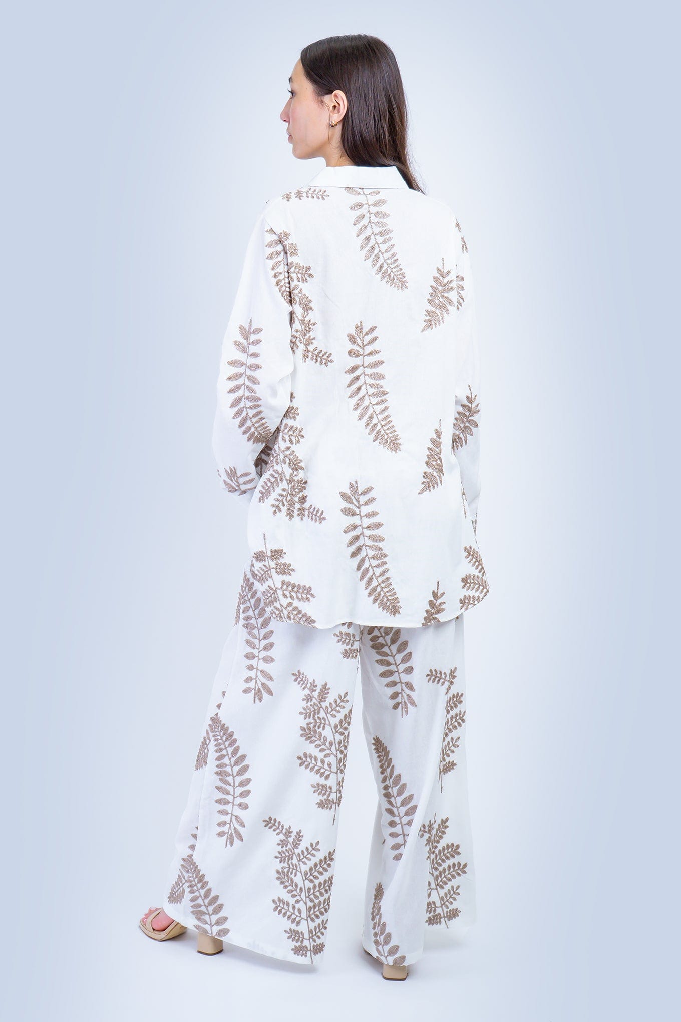 DCD PANTS White with Bronze Embroidered Leaves Linen Pants