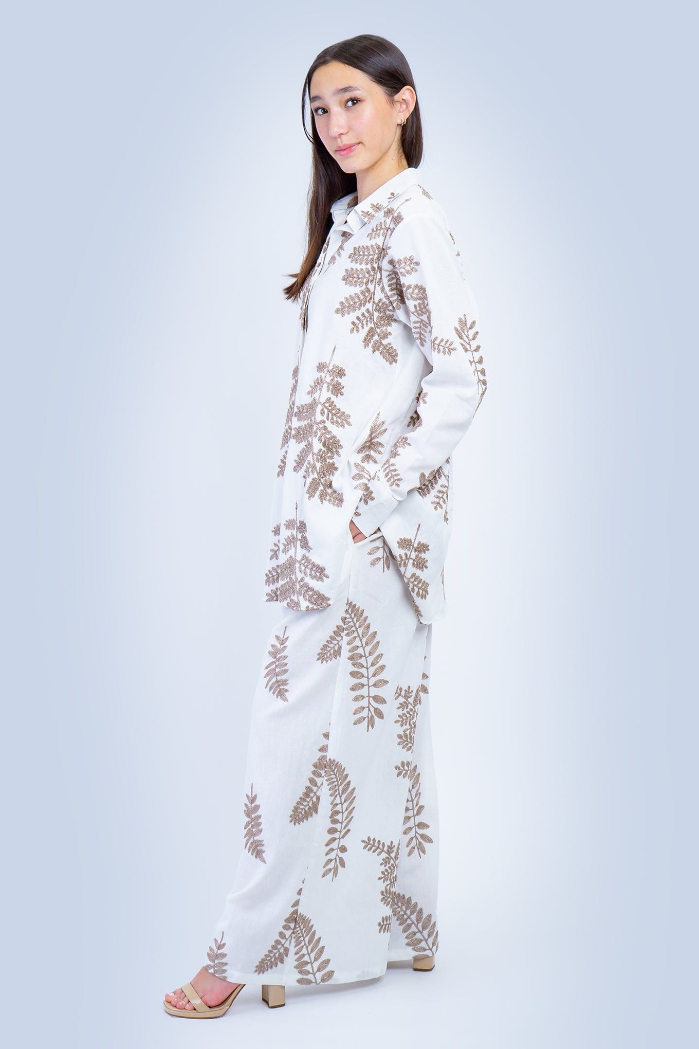 DCD PANTS White with Bronze Embroidered Leaves Linen Pants