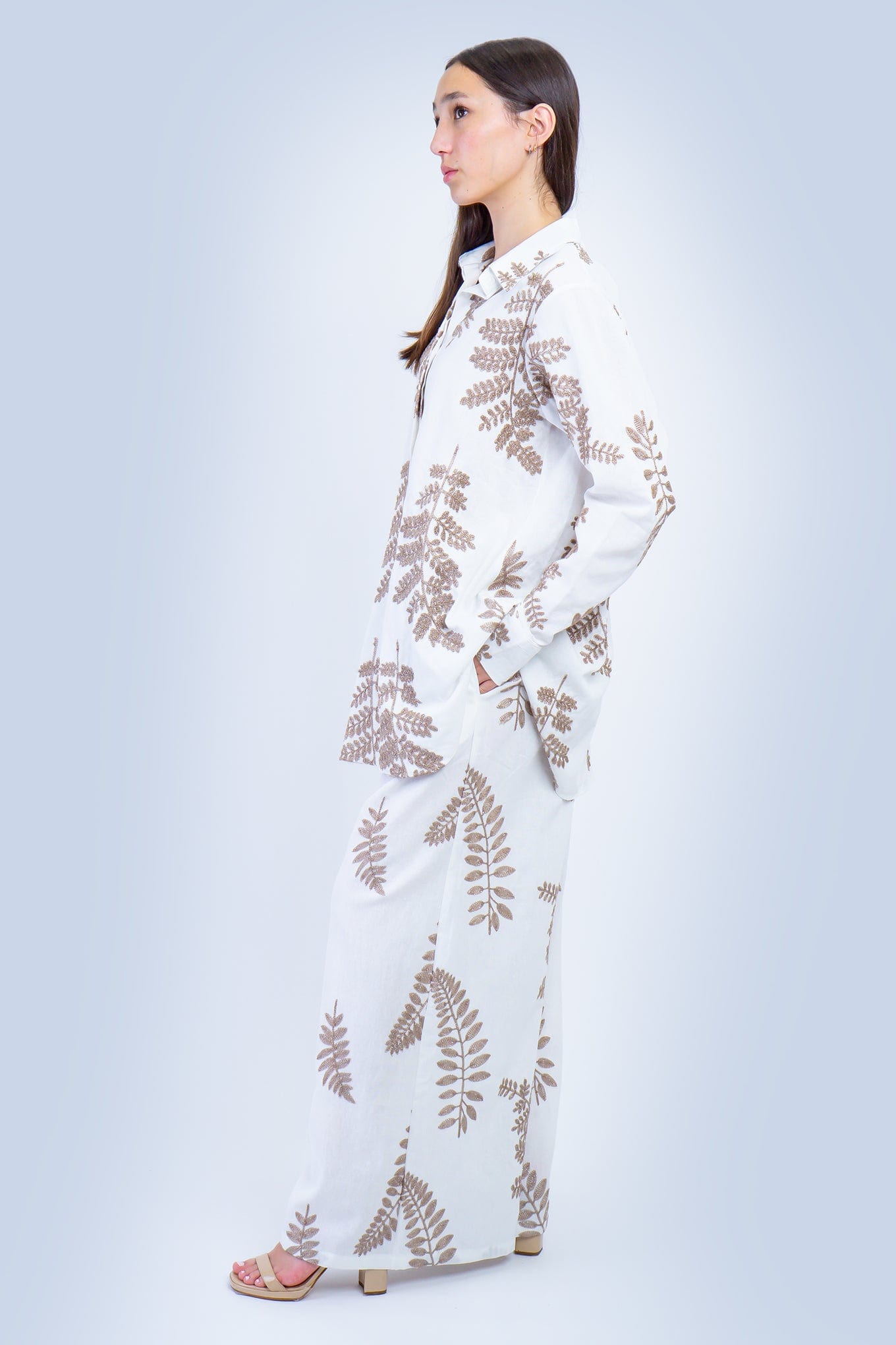 DCD PANTS White with Bronze Embroidered Leaves Linen Pants