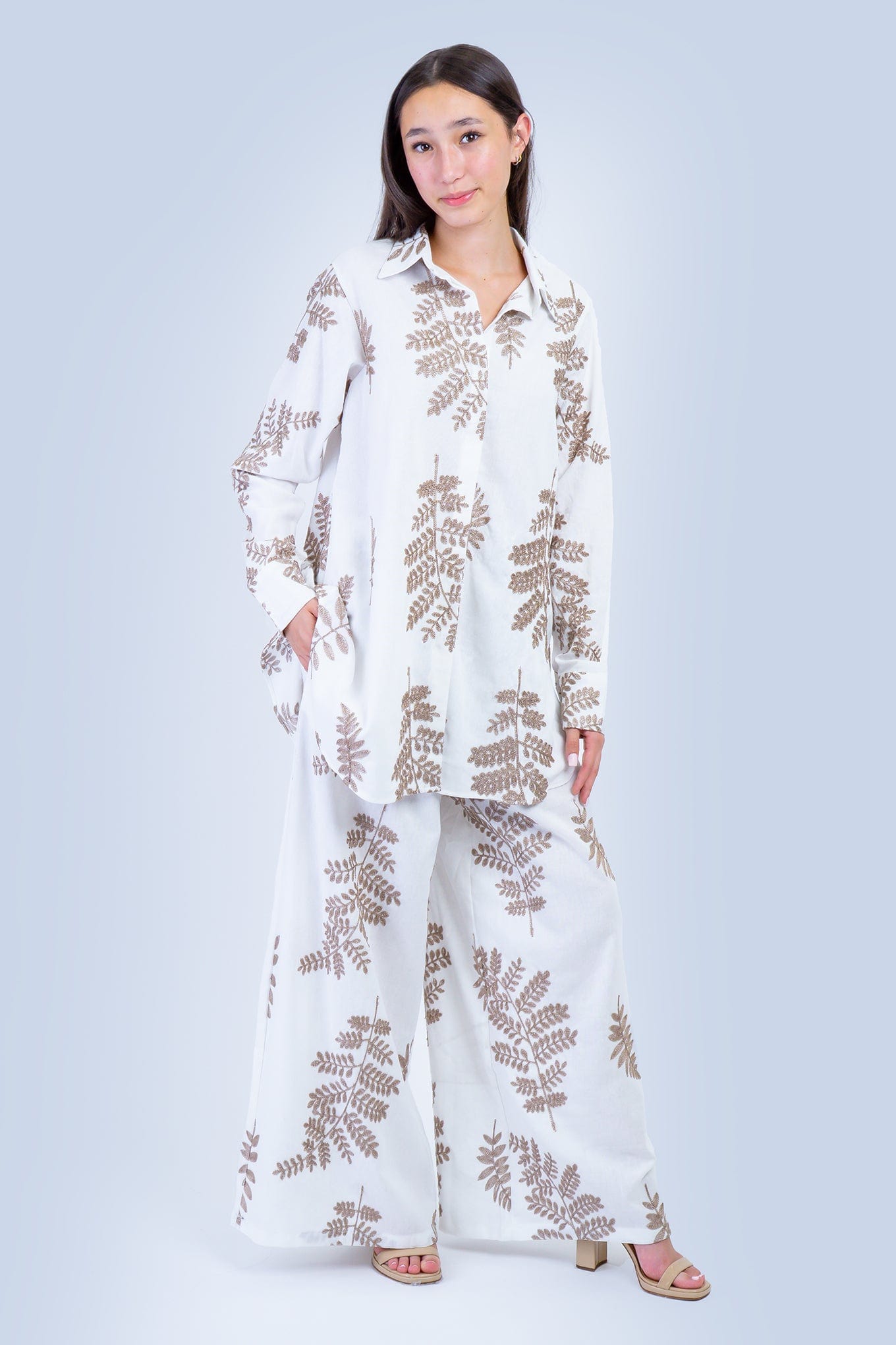 DCD PANTS White with Bronze Embroidered Leaves Linen Pants