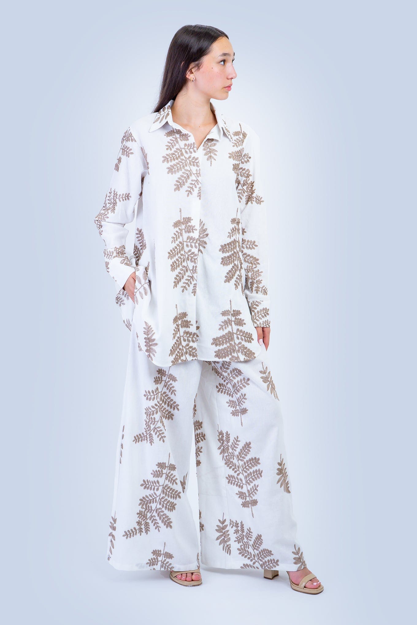 DCD PANTS White with Bronze Embroidered Leaves Linen Pants