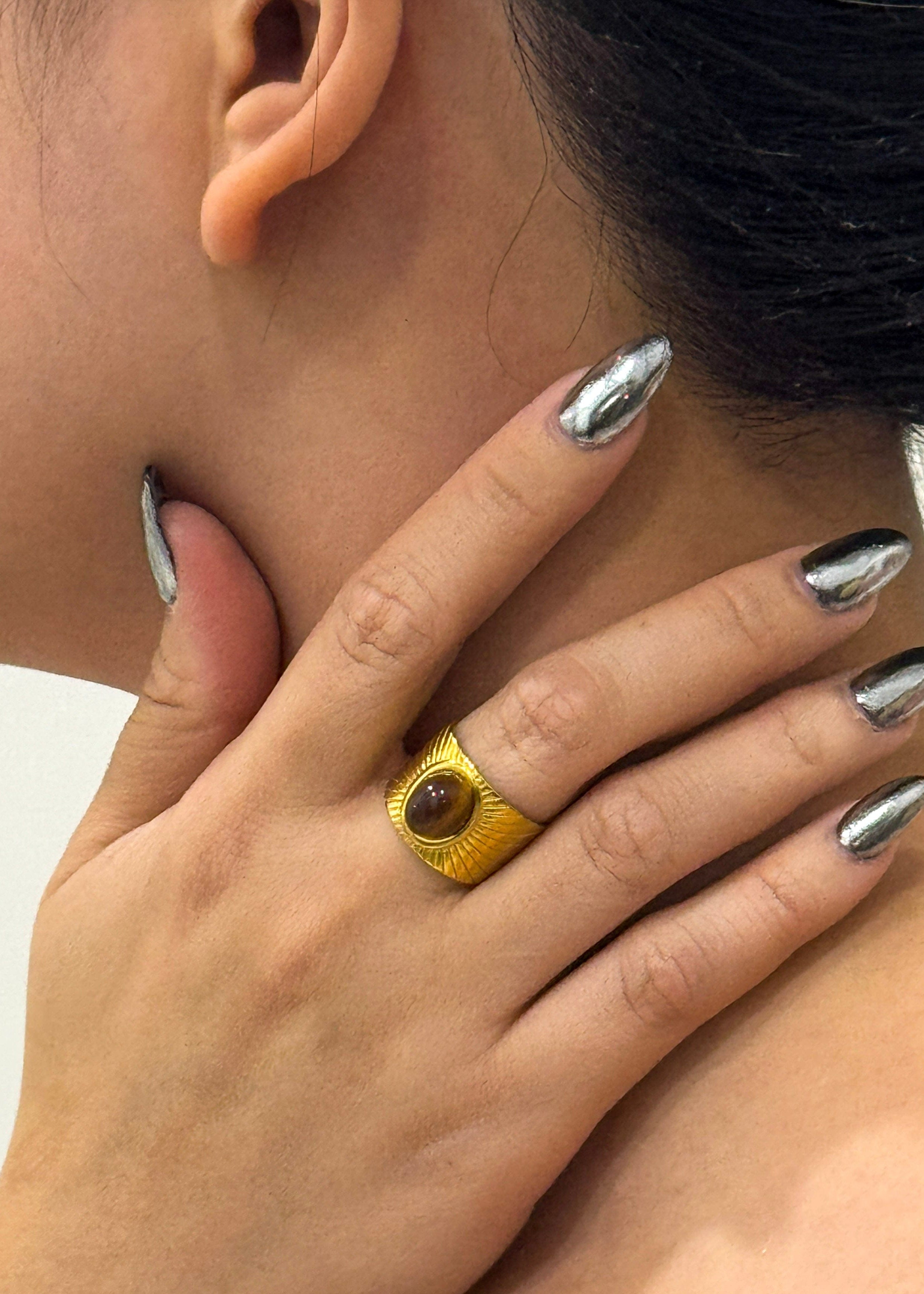Private Label RINGS Gold Tiger Eye Round Ring