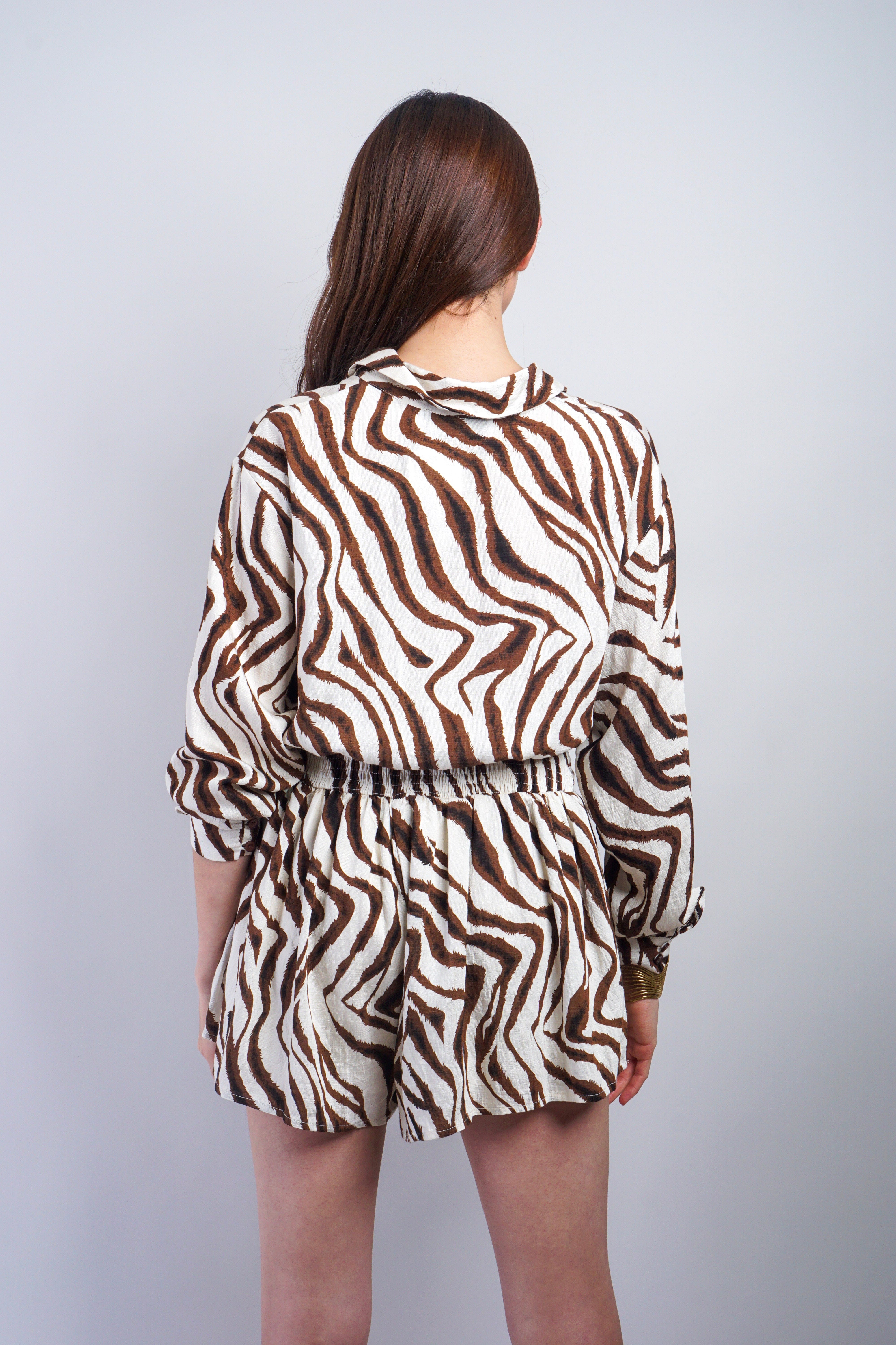 Private Label ROMPERS Brown Ivory Zebra Long Sleeve Romper