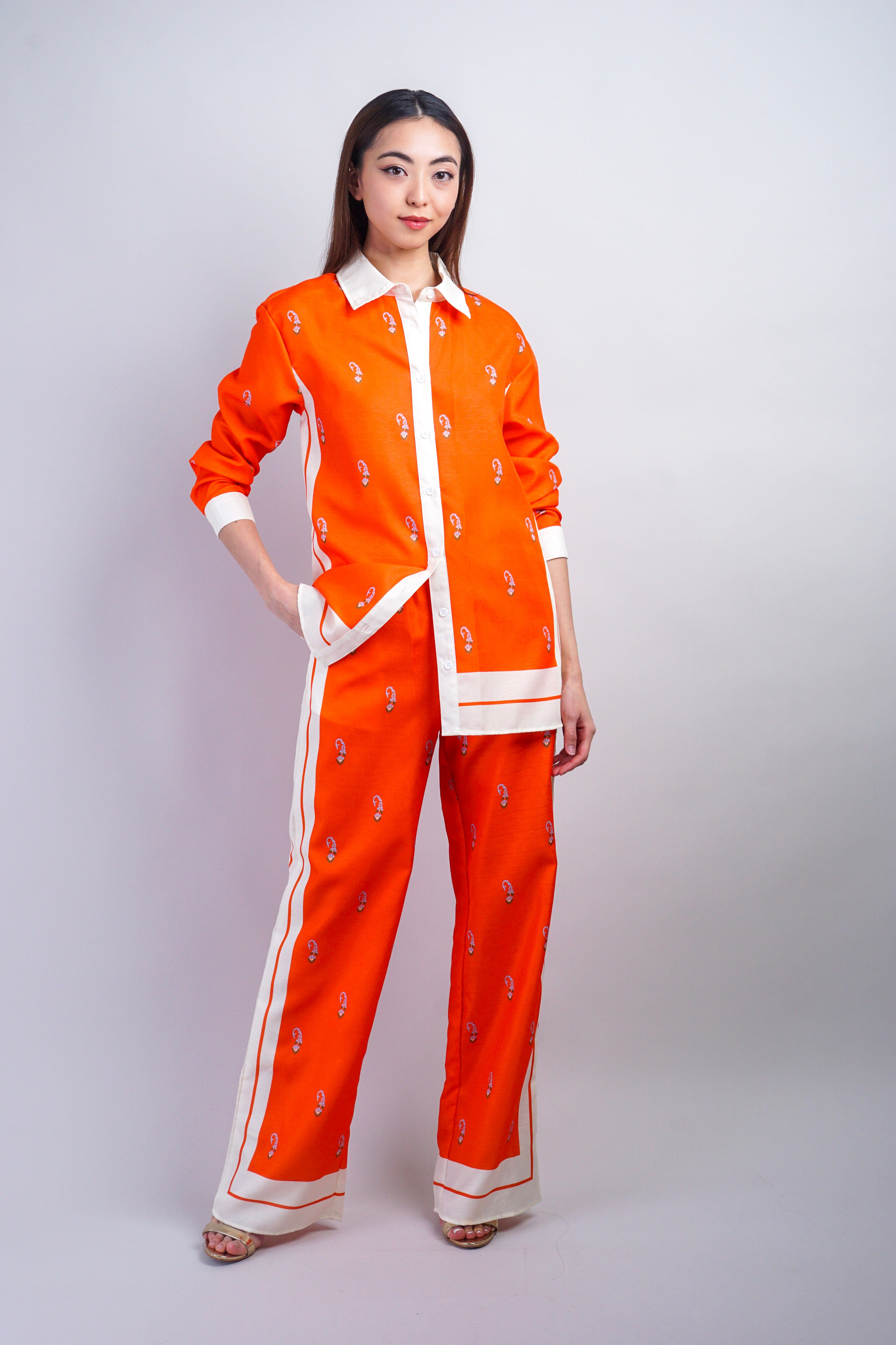 DCD SETS Collared Orange Print Pant Set