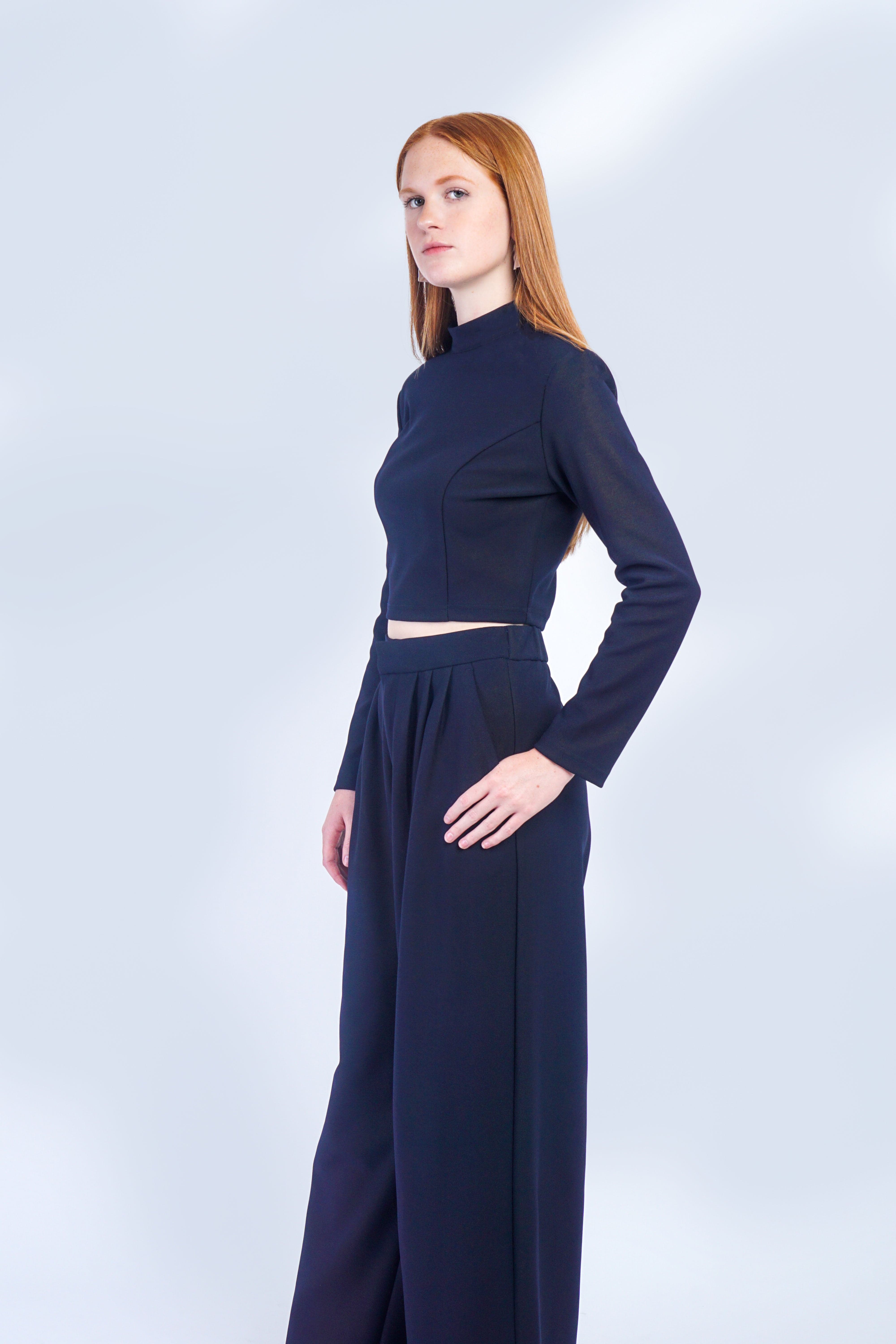 DCD SETS Dark Navy Crop Top And Pleated Trouser Set