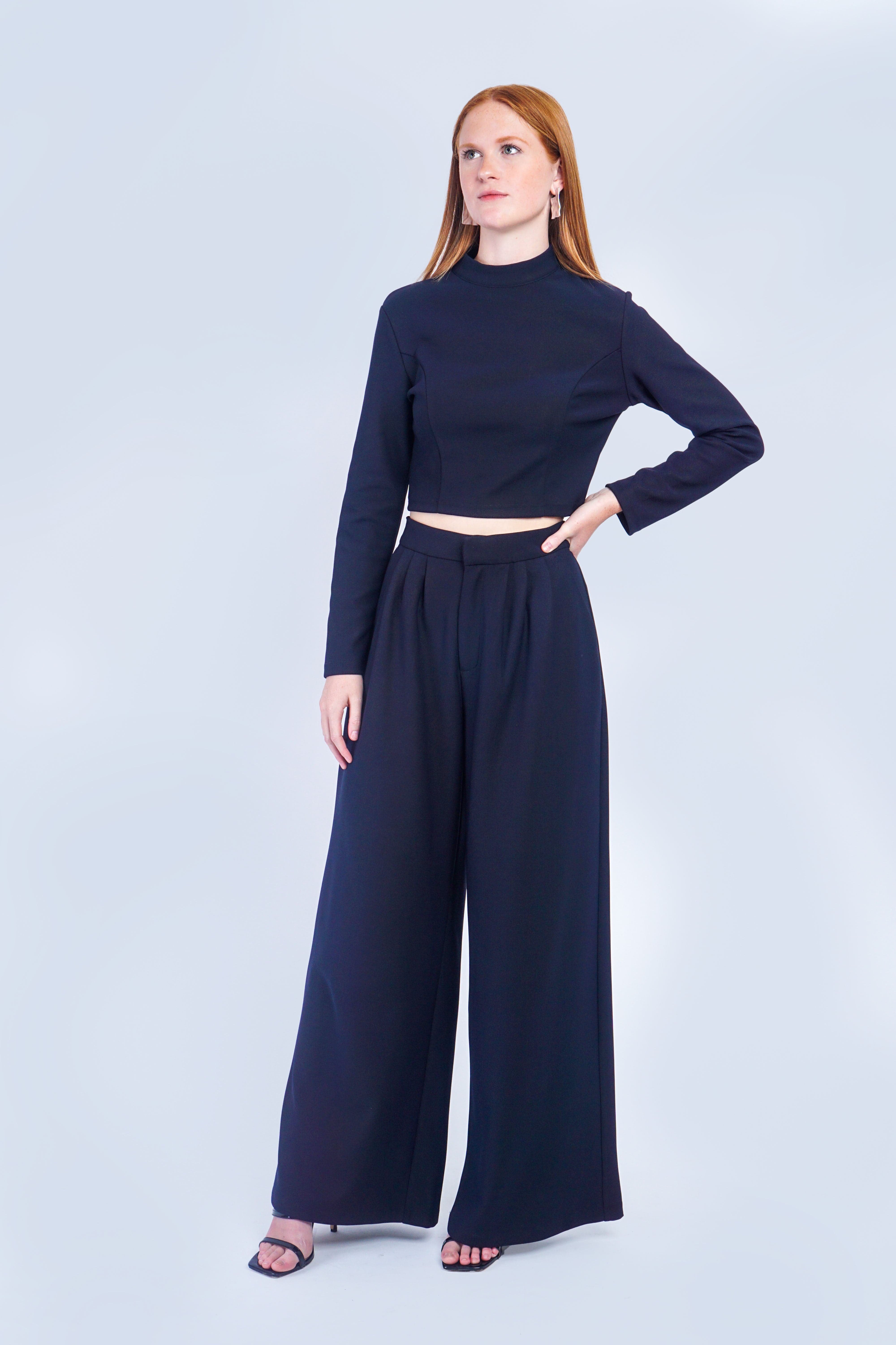 DCD SETS Dark Navy Crop Top And Pleated Trouser Set