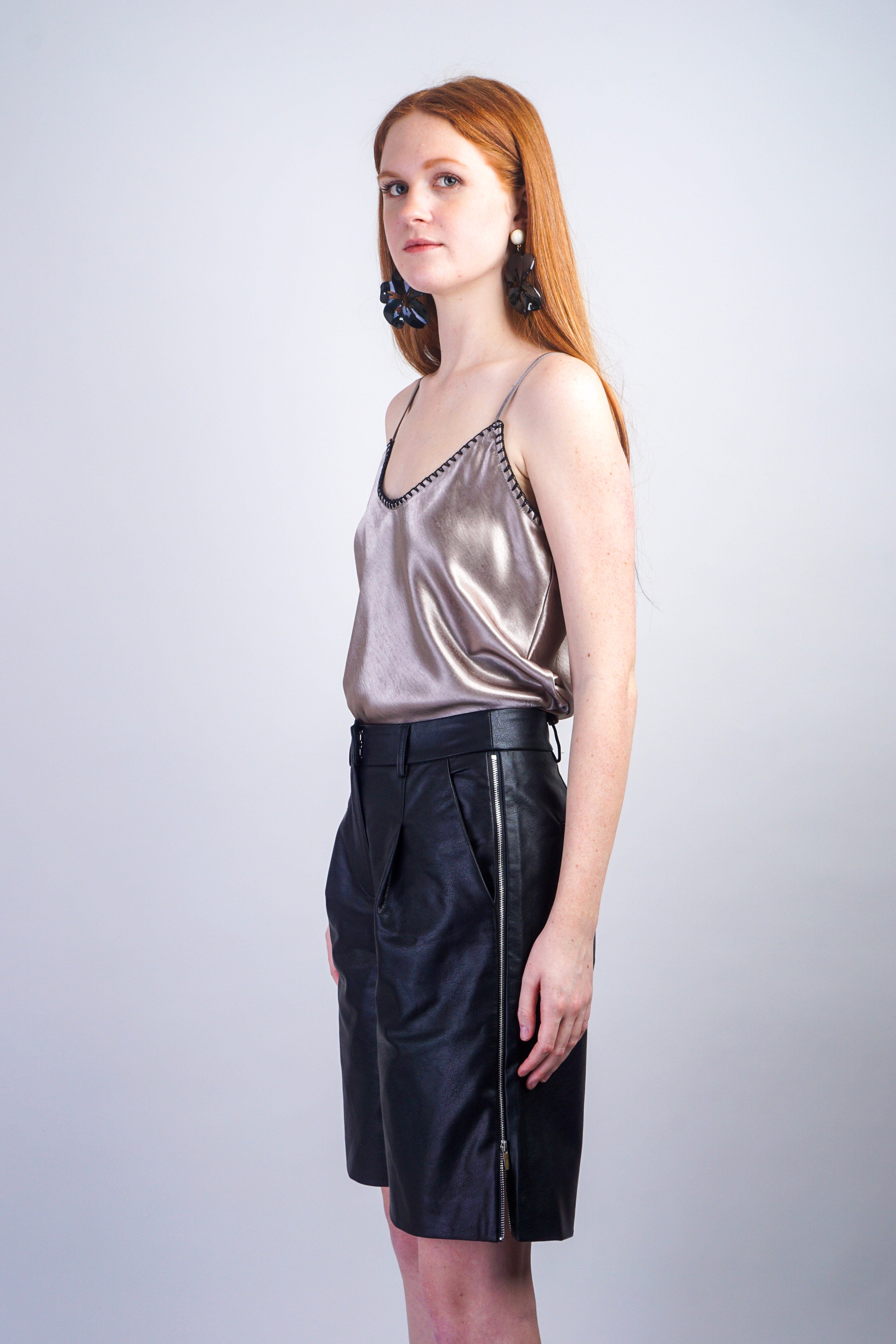 Private Label SHORTS Black Faux Leather Bermuda Shorts With Side Zippers