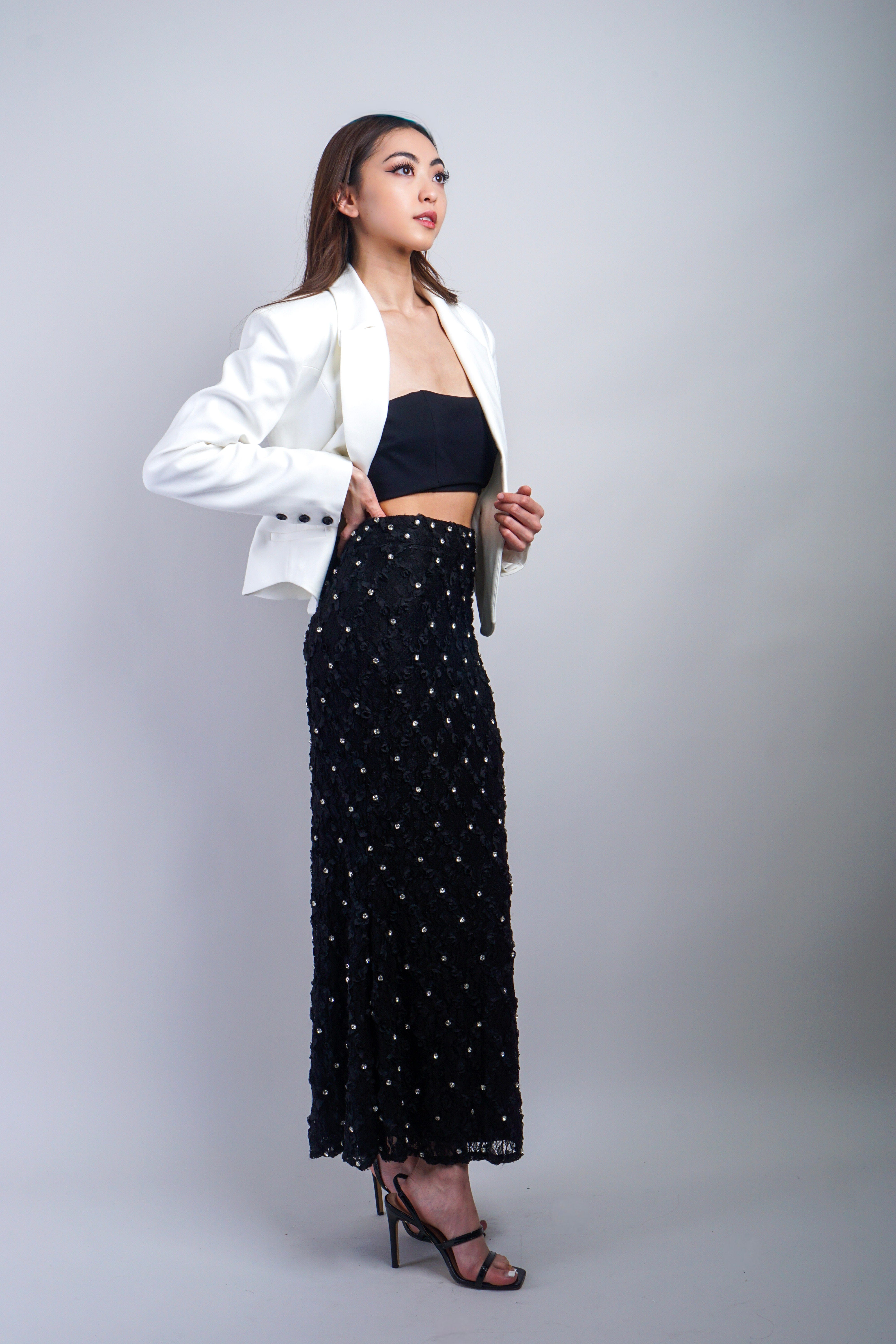 Private Label SKIRTS Black Embroidered Rhinestone Maxi Skirt