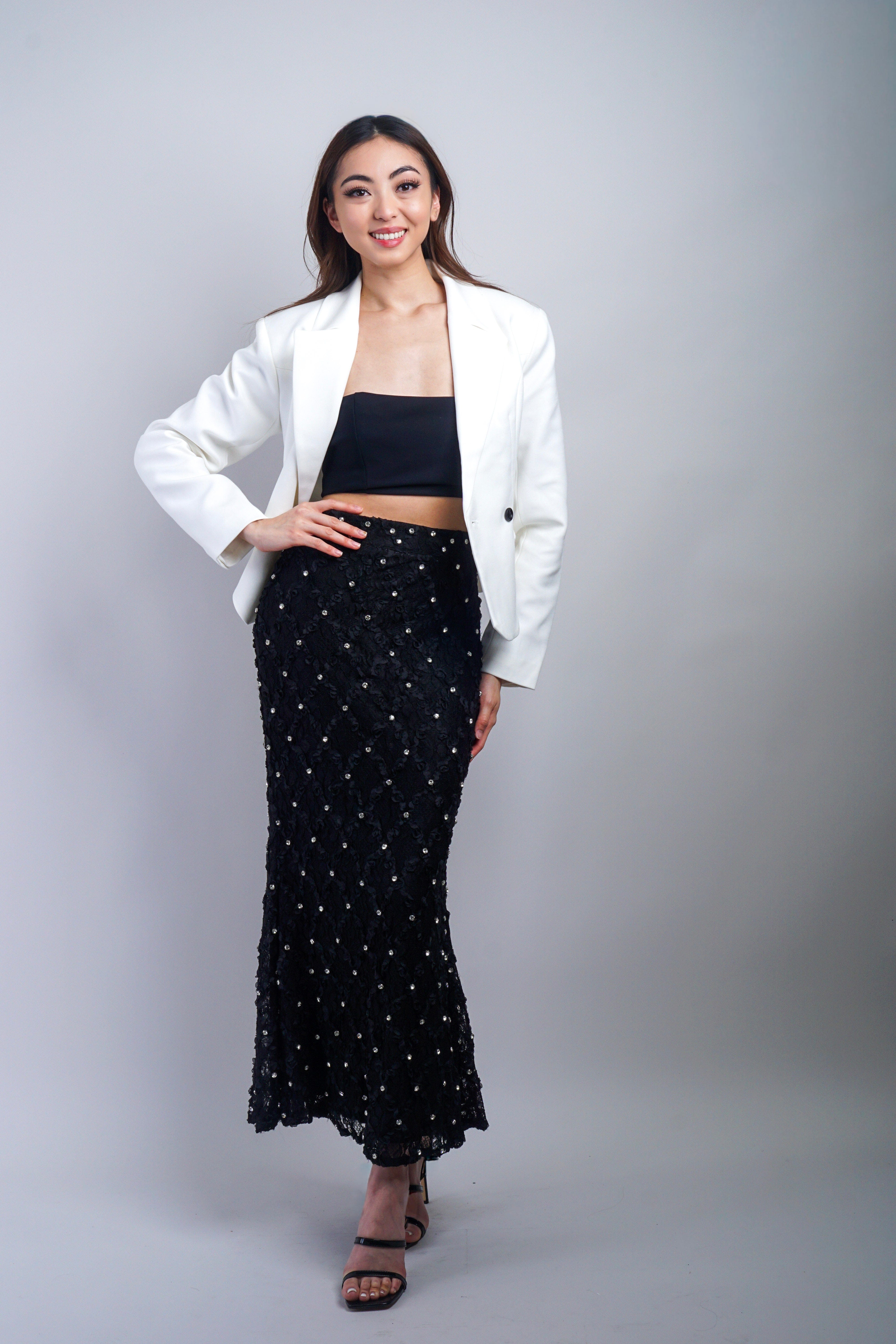 Private Label SKIRTS Black Embroidered Rhinestone Maxi Skirt