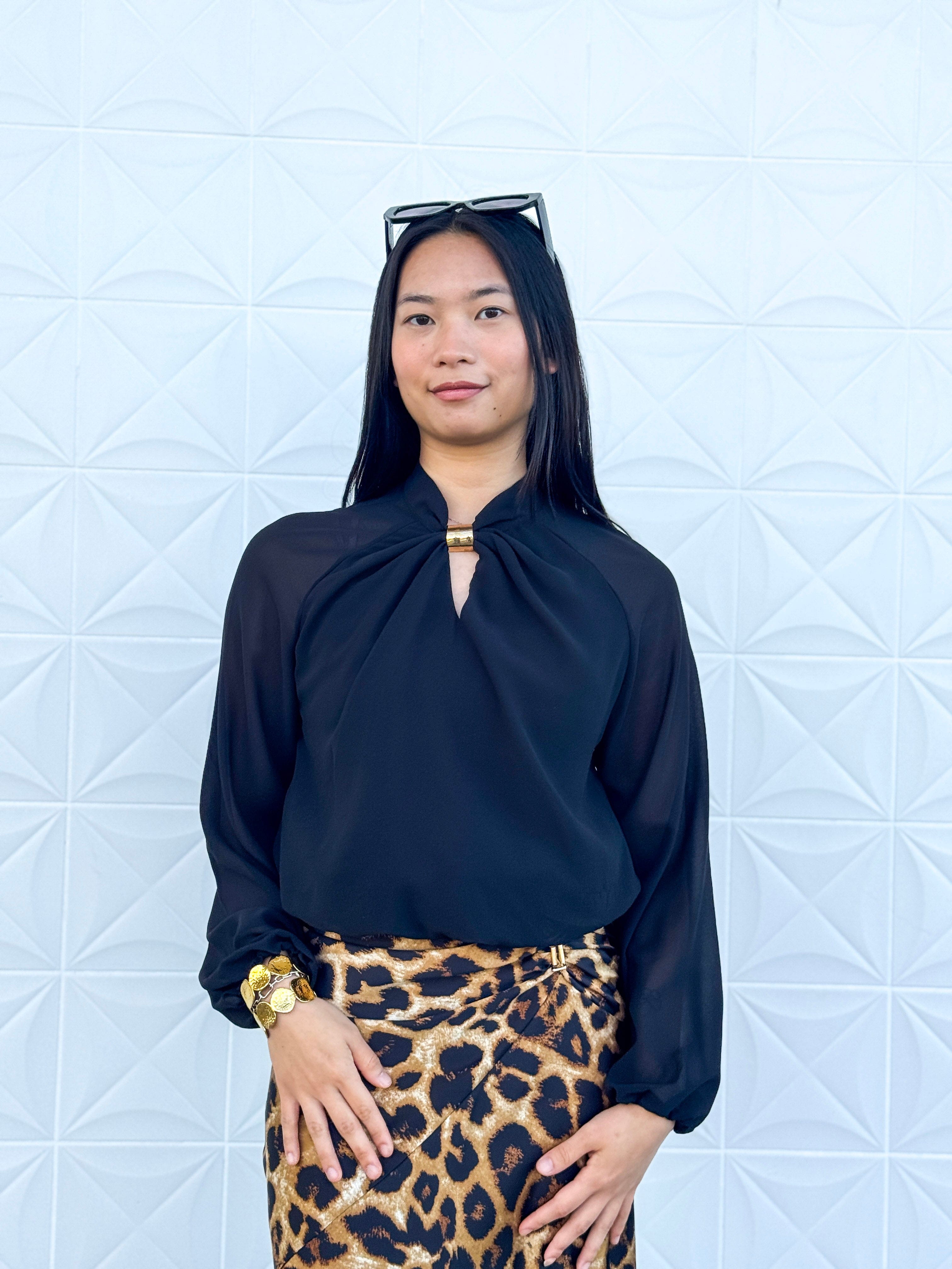 Private Label SWEATERS Black Mock Neck Gold Trim W Keyhole Blouse