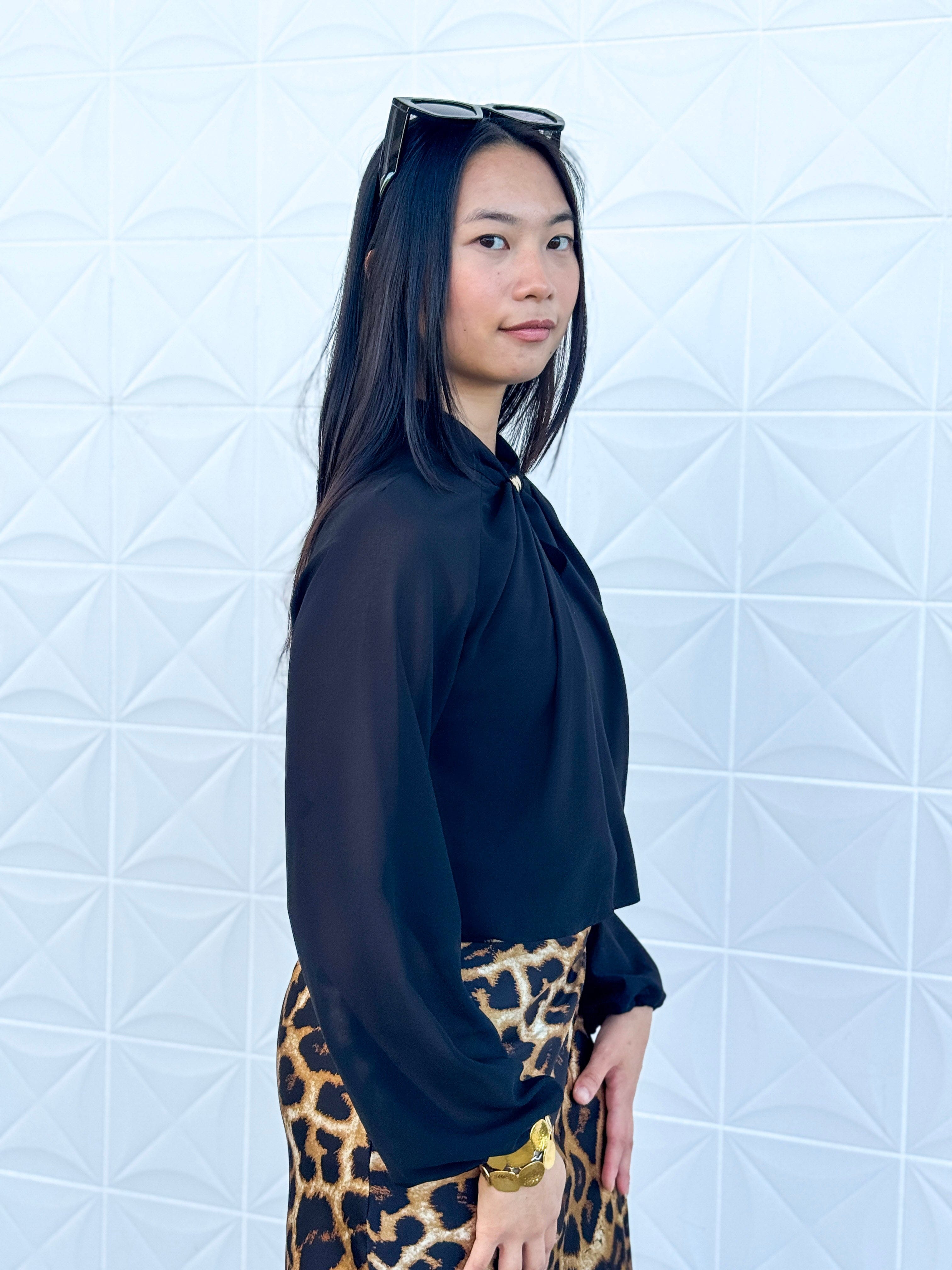 Private Label SWEATERS Black Mock Neck Gold Trim W Keyhole Blouse