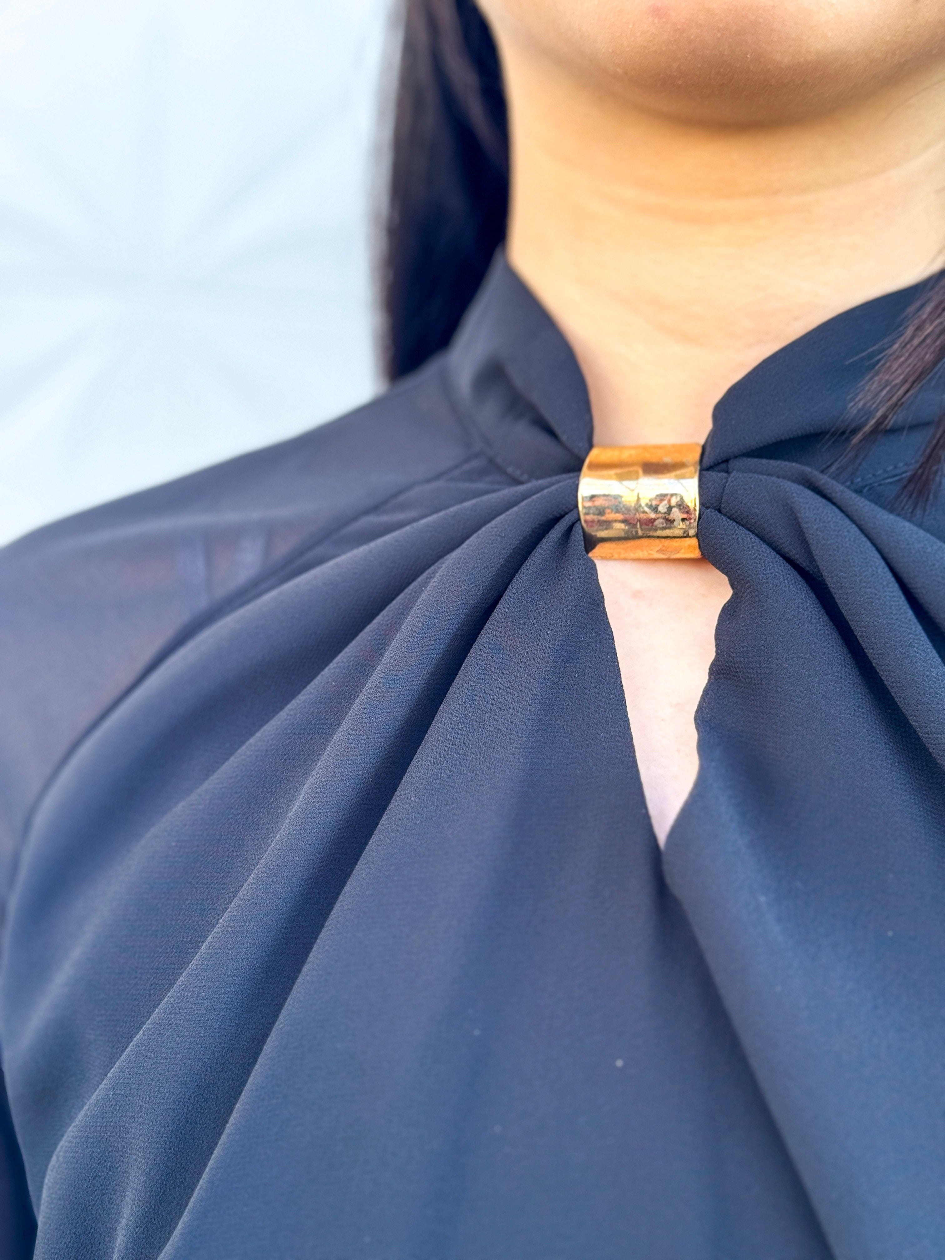 Private Label SWEATERS Black Mock Neck Gold Trim W Keyhole Blouse