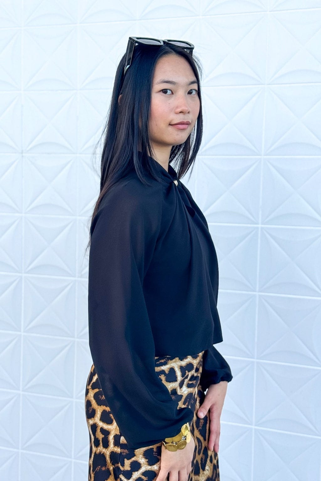 Private Label SWEATERS Black Mock Neck Gold Trim W Keyhole Blouse