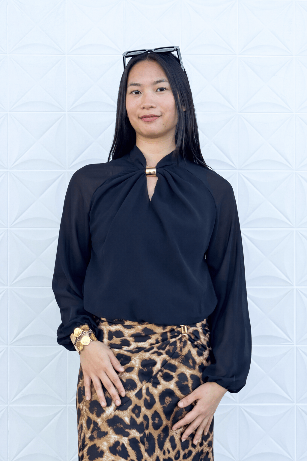 Private Label SWEATERS Black Mock Neck Gold Trim W Keyhole Blouse