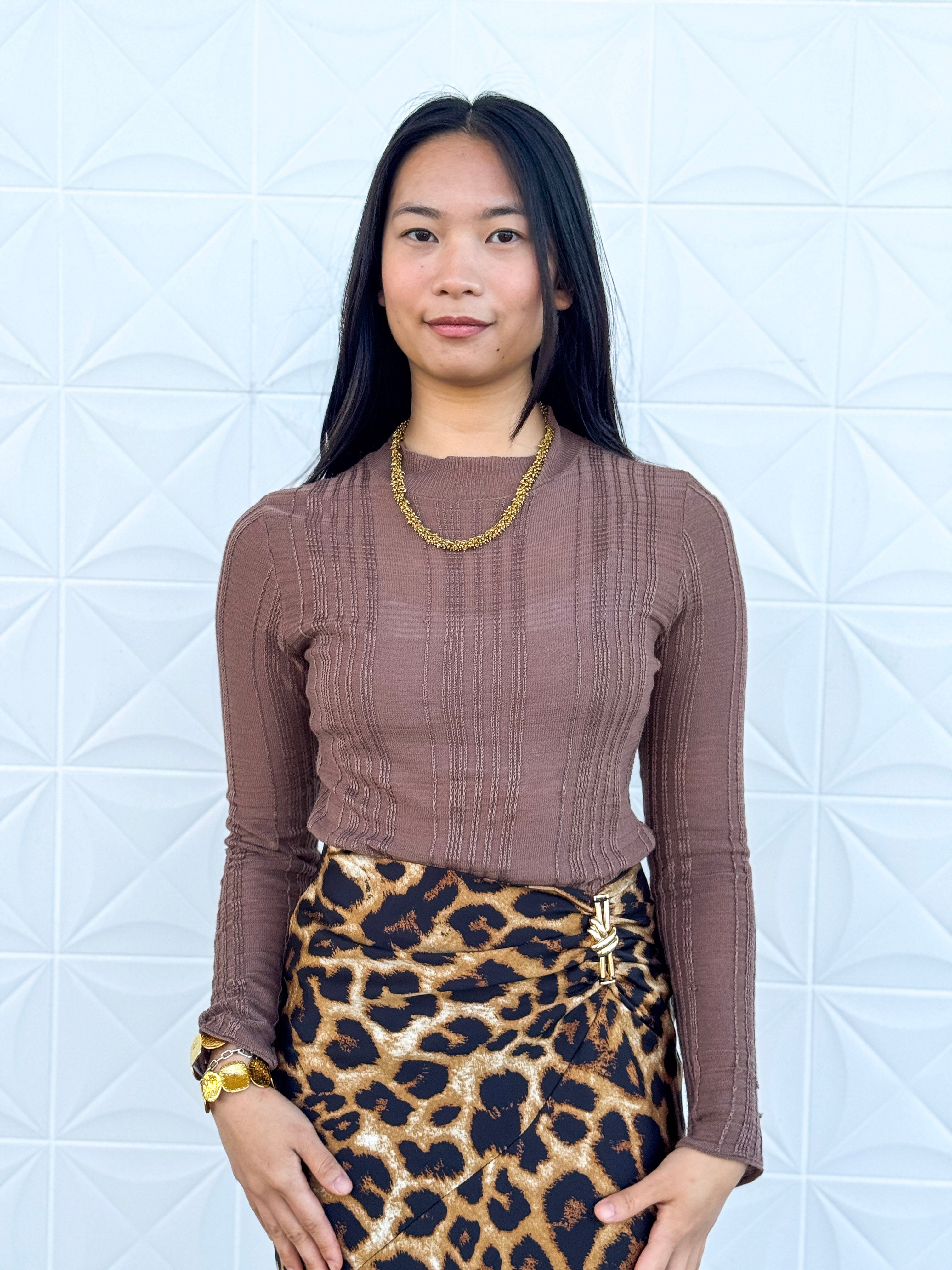 Private Label SWEATERS Brown Sheer Mock Long Sleeve Sweater Top