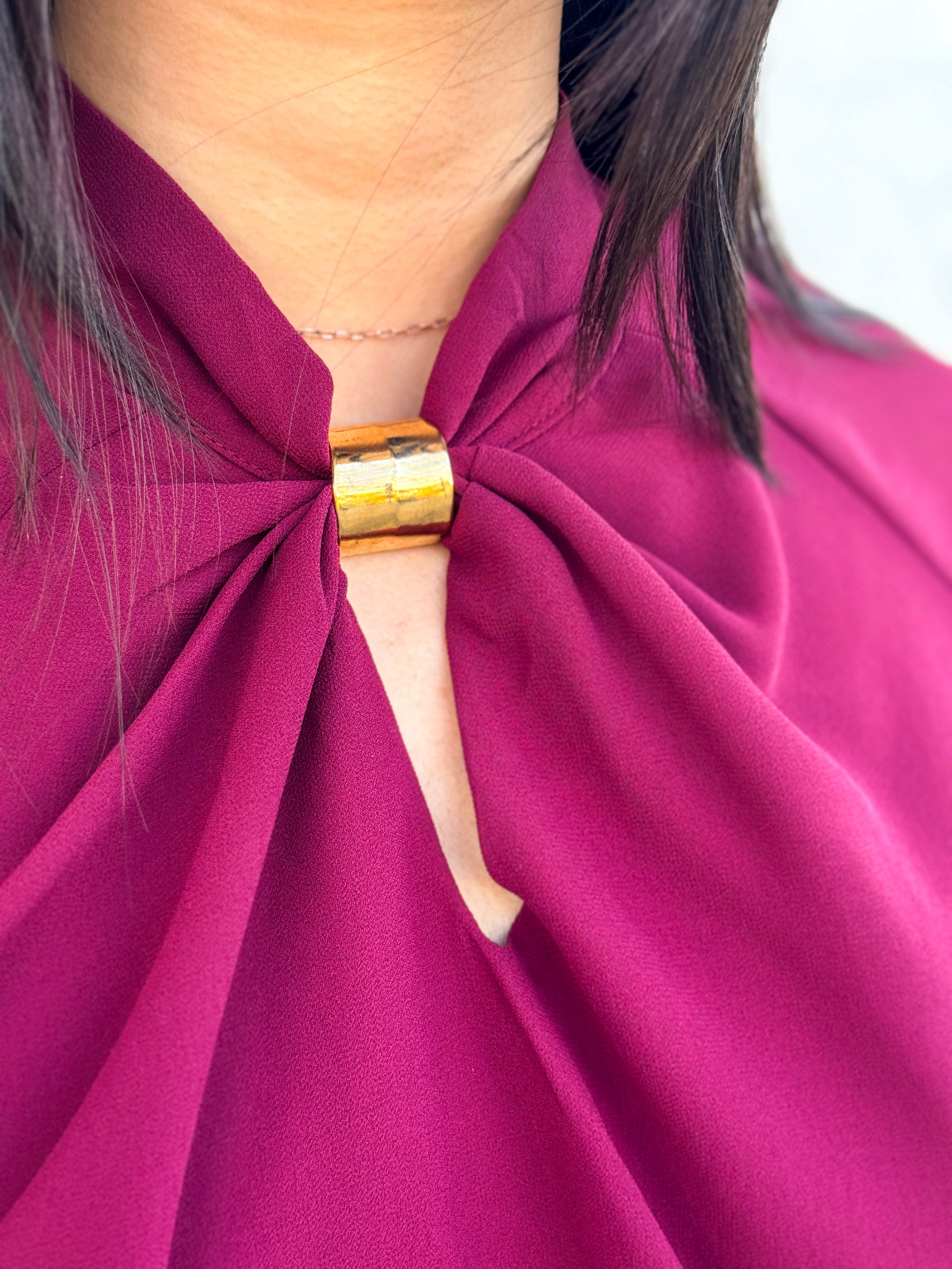 Private Label SWEATERS Burgundy Mock Neck Gold Trim W Keyhole Blouse