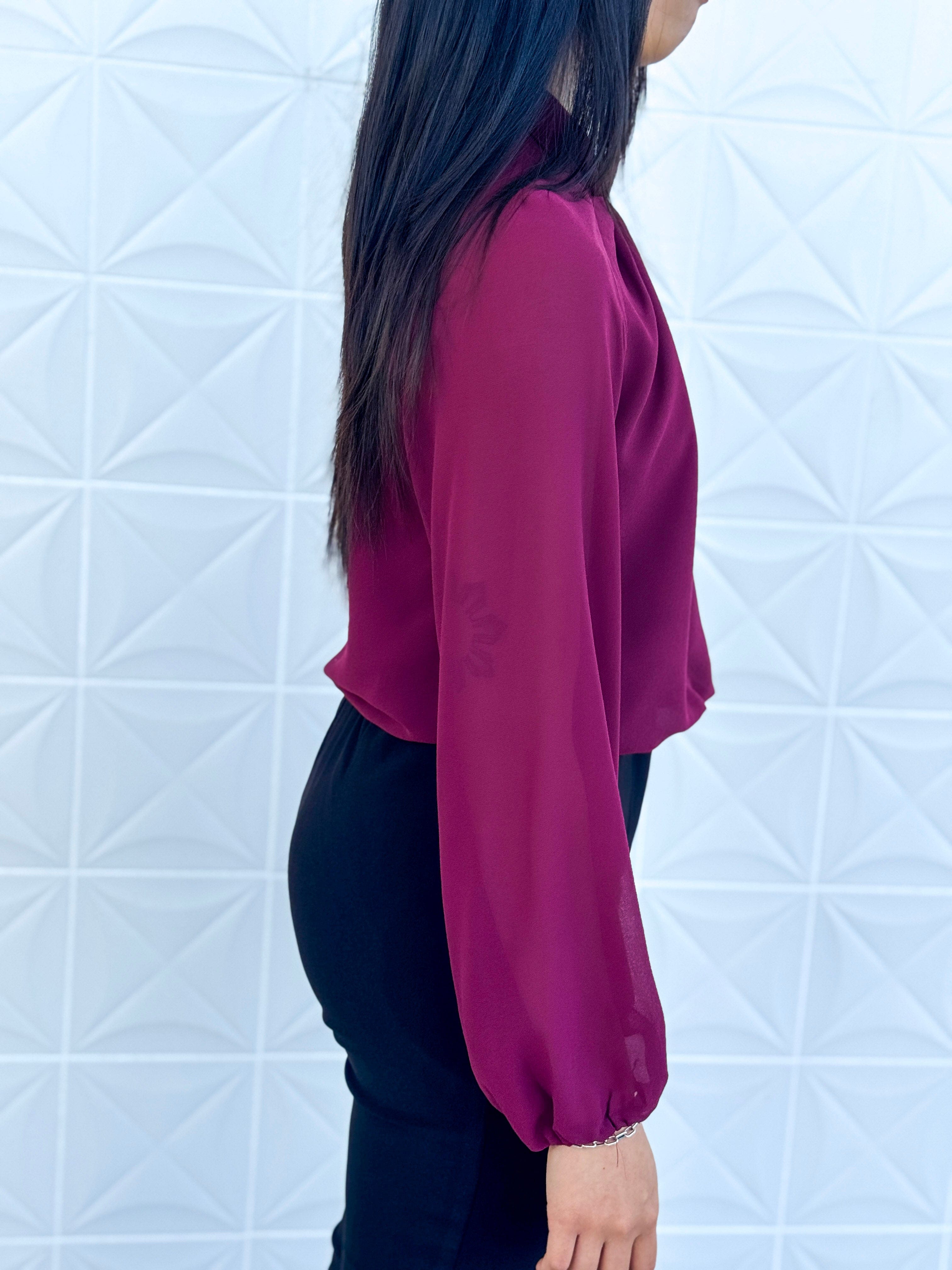 Private Label SWEATERS Burgundy Mock Neck Gold Trim W Keyhole Blouse