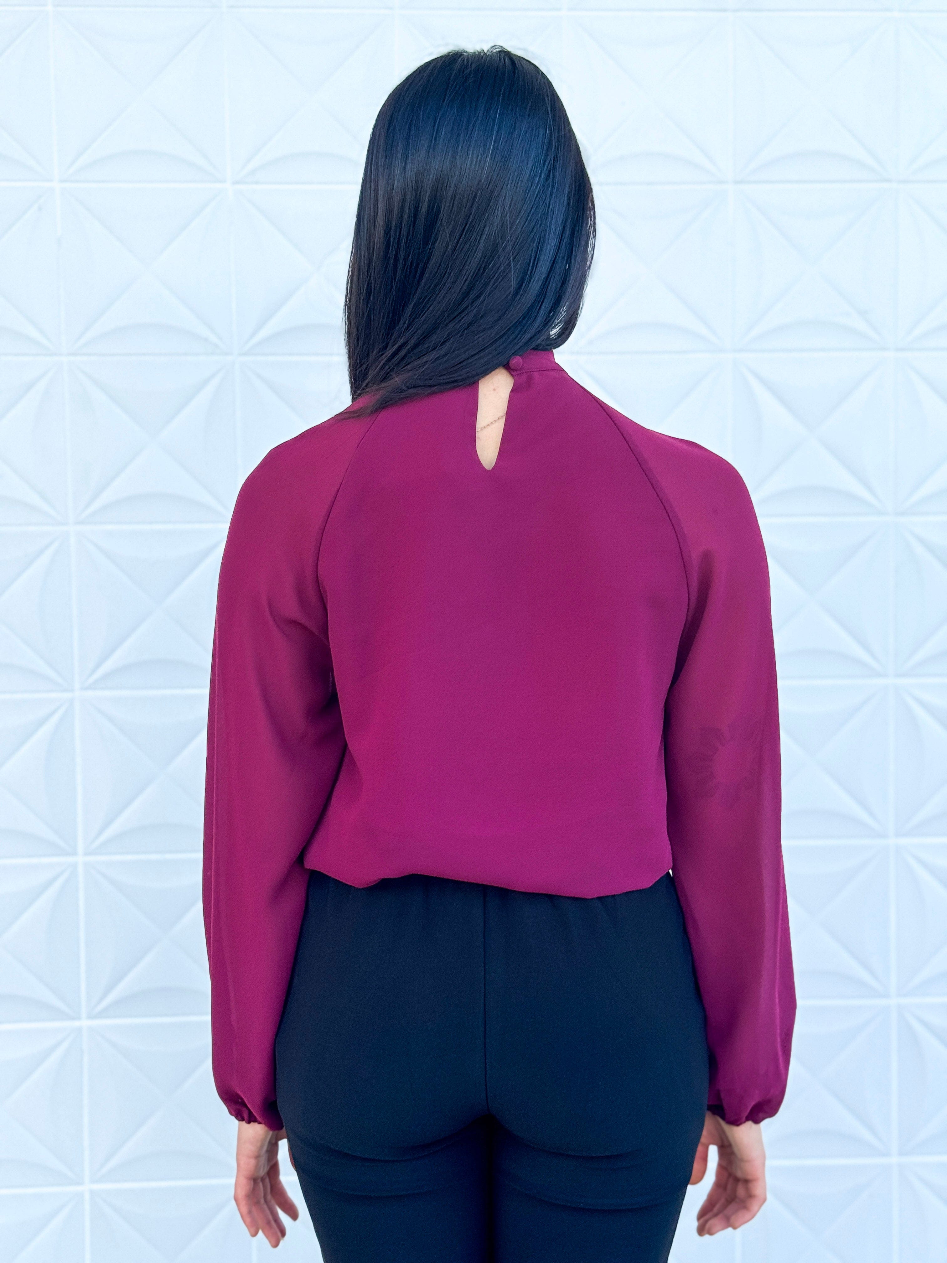 Private Label SWEATERS Burgundy Mock Neck Gold Trim W Keyhole Blouse