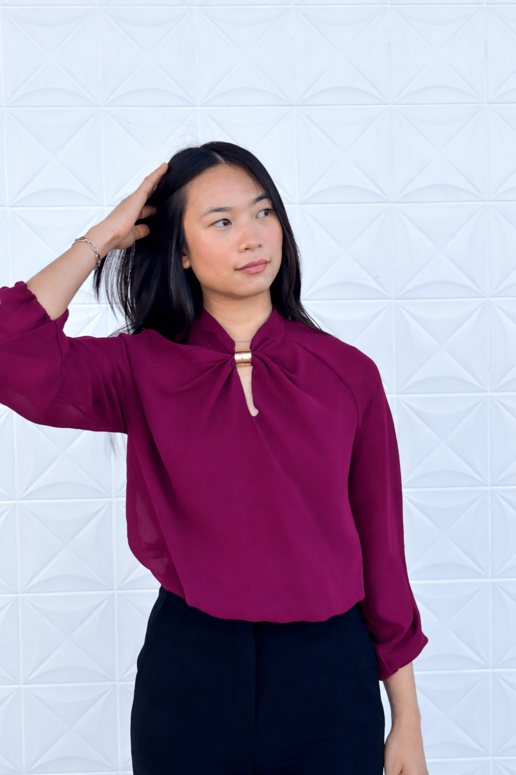 Private Label SWEATERS Burgundy Mock Neck Gold Trim W Keyhole Blouse