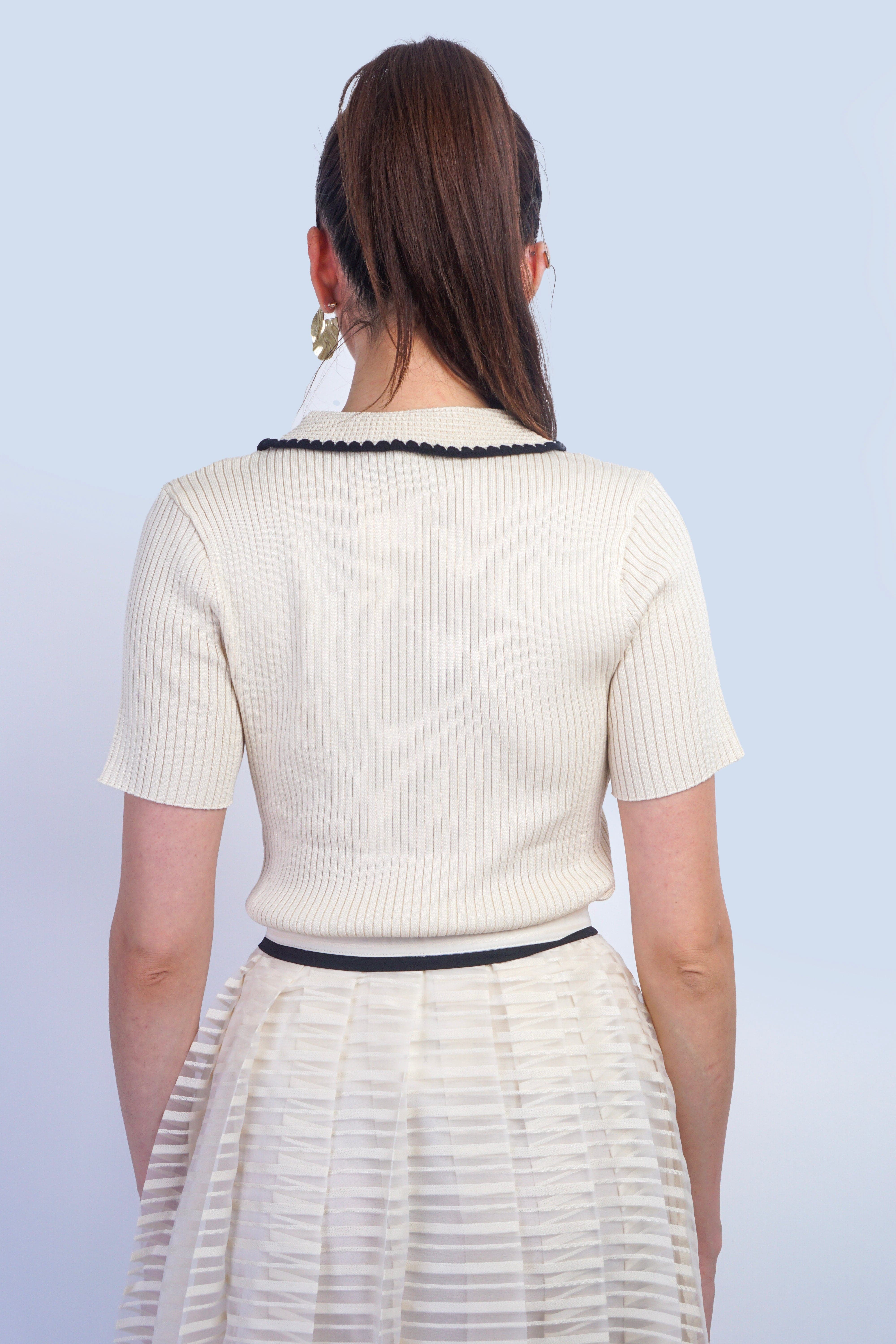 Private Label SWEATERS Ivory Black Scallop Crochet Polo Sweater Top