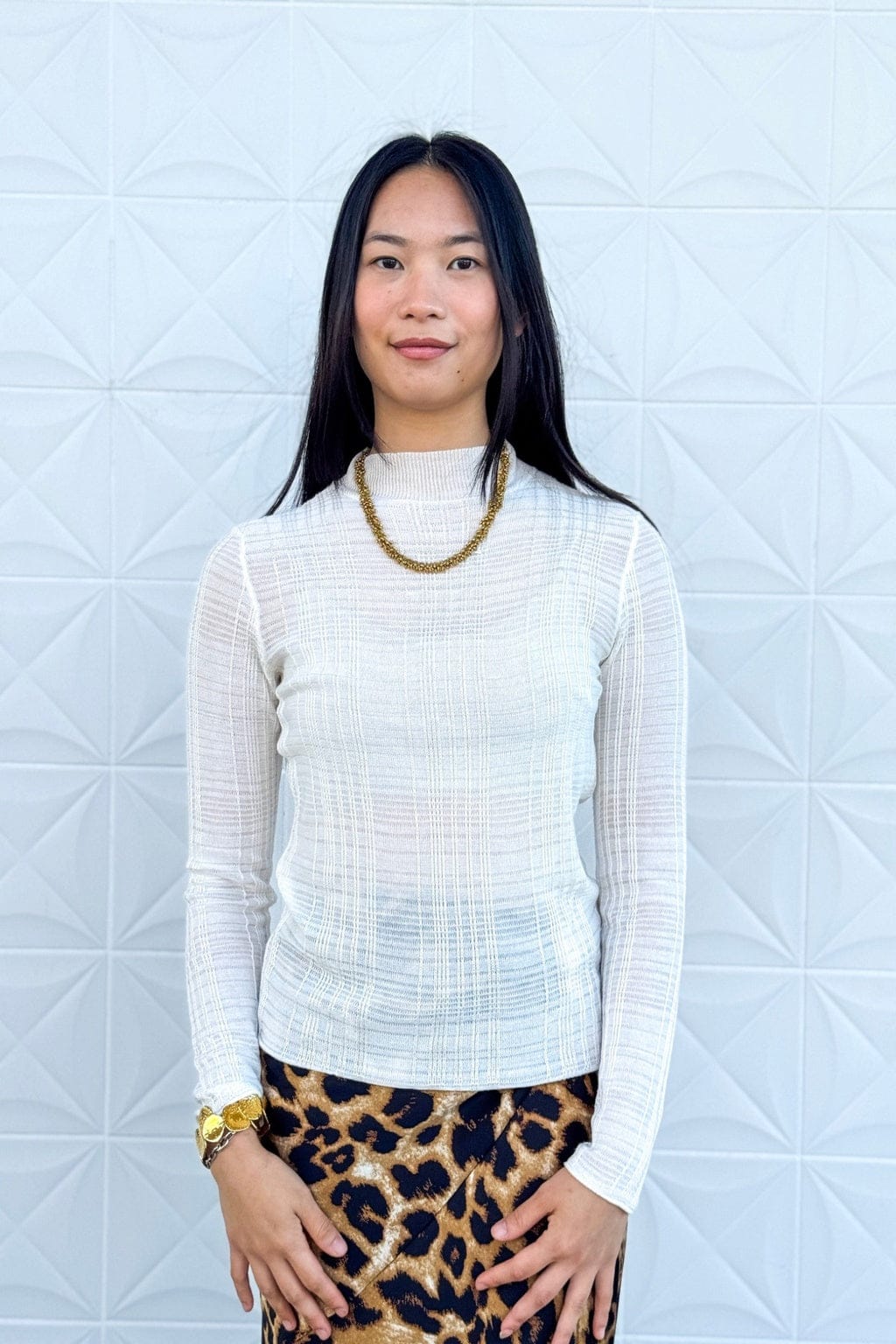 Private Label SWEATERS Ivory Sheer Mock Long Sleeve Sweater Top