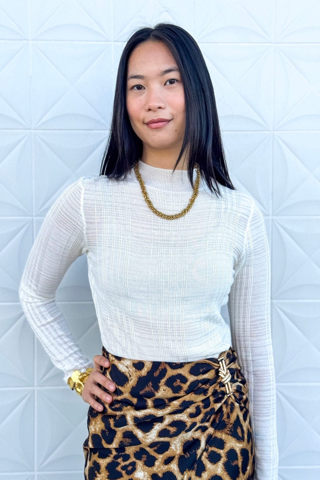 Private Label SWEATERS Ivory Sheer Mock Long Sleeve Sweater Top