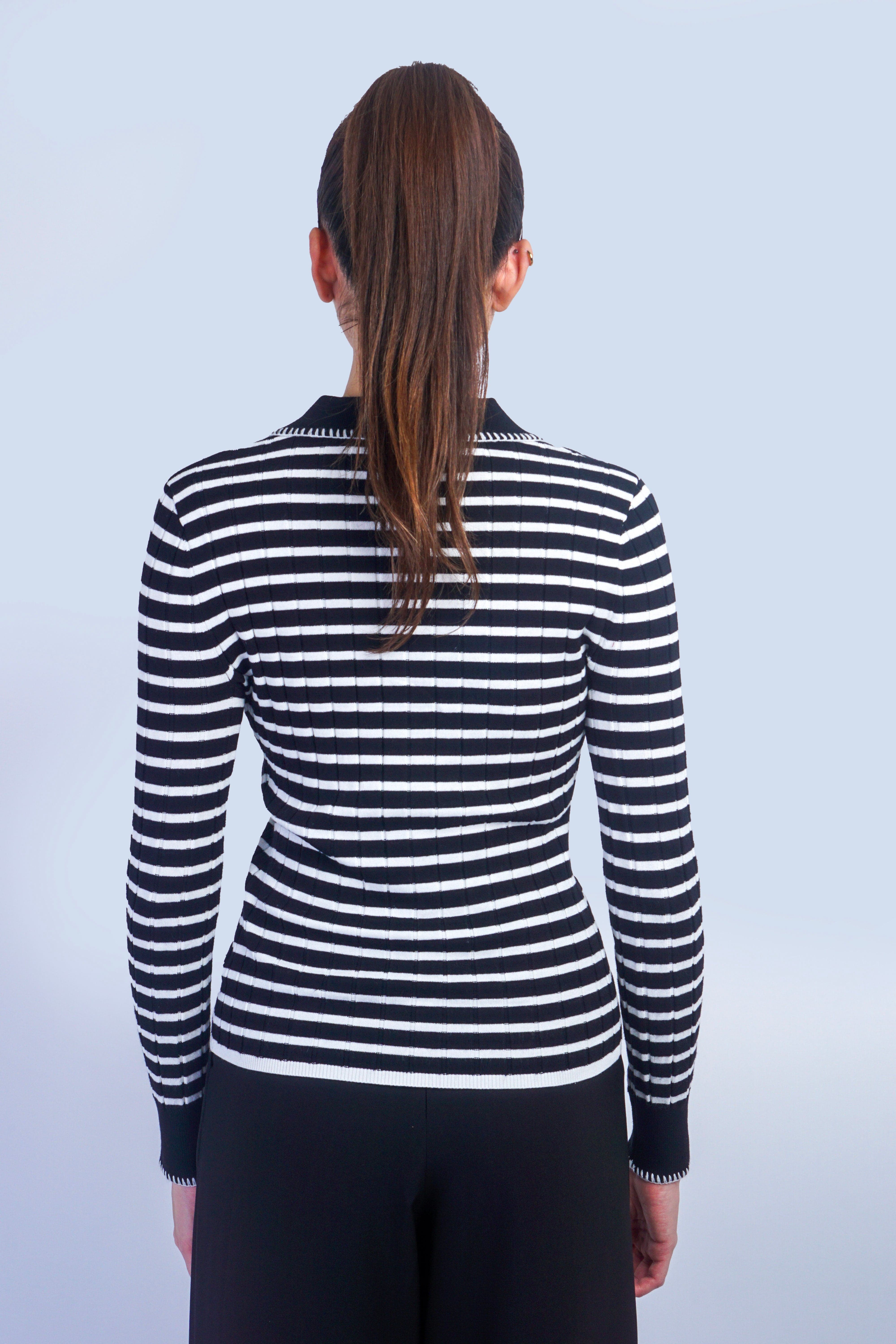 Private Label SWEATERS Stripe Black & White Collared Cardigan Sweater