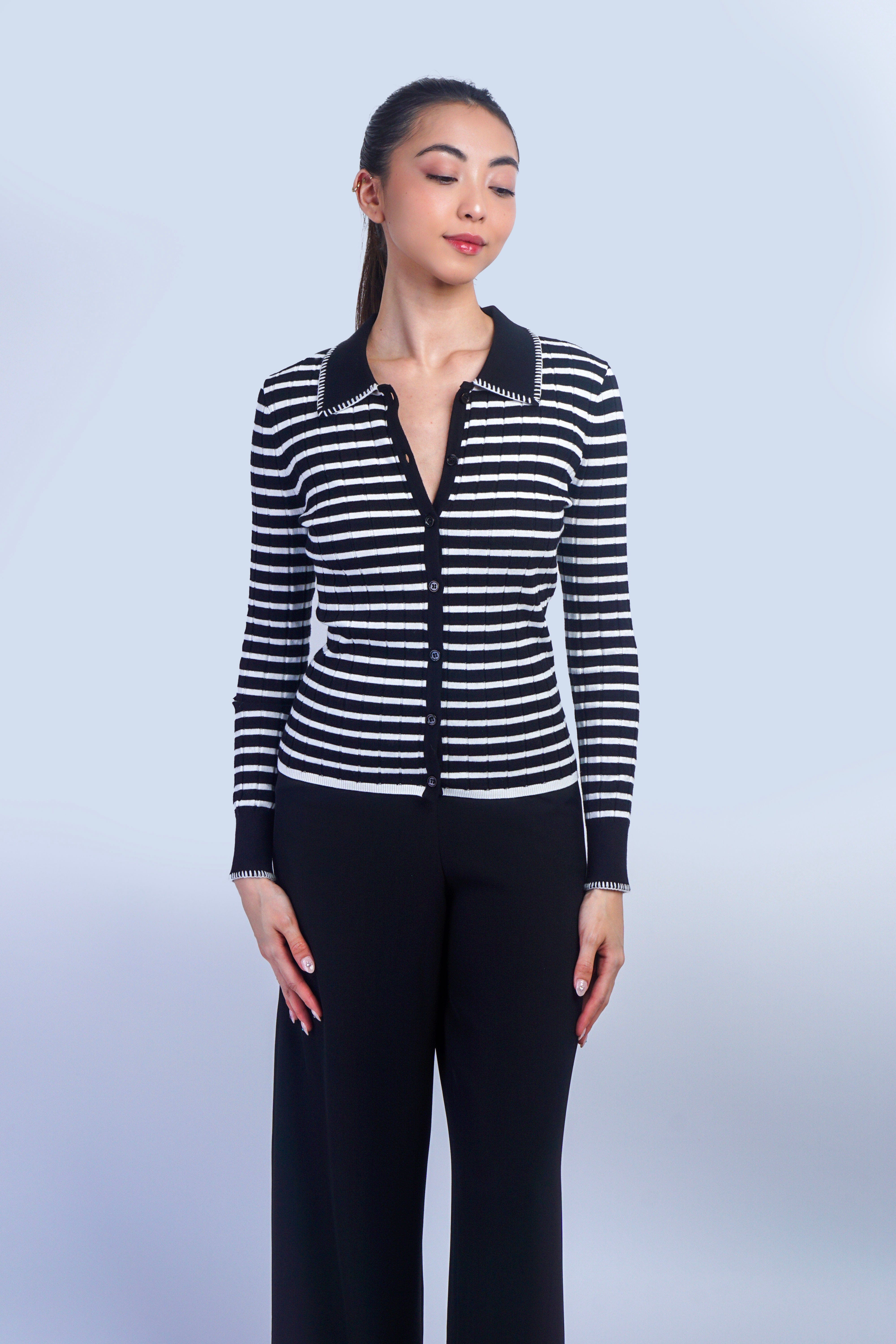 Private Label SWEATERS Stripe Black & White Collared Cardigan Sweater