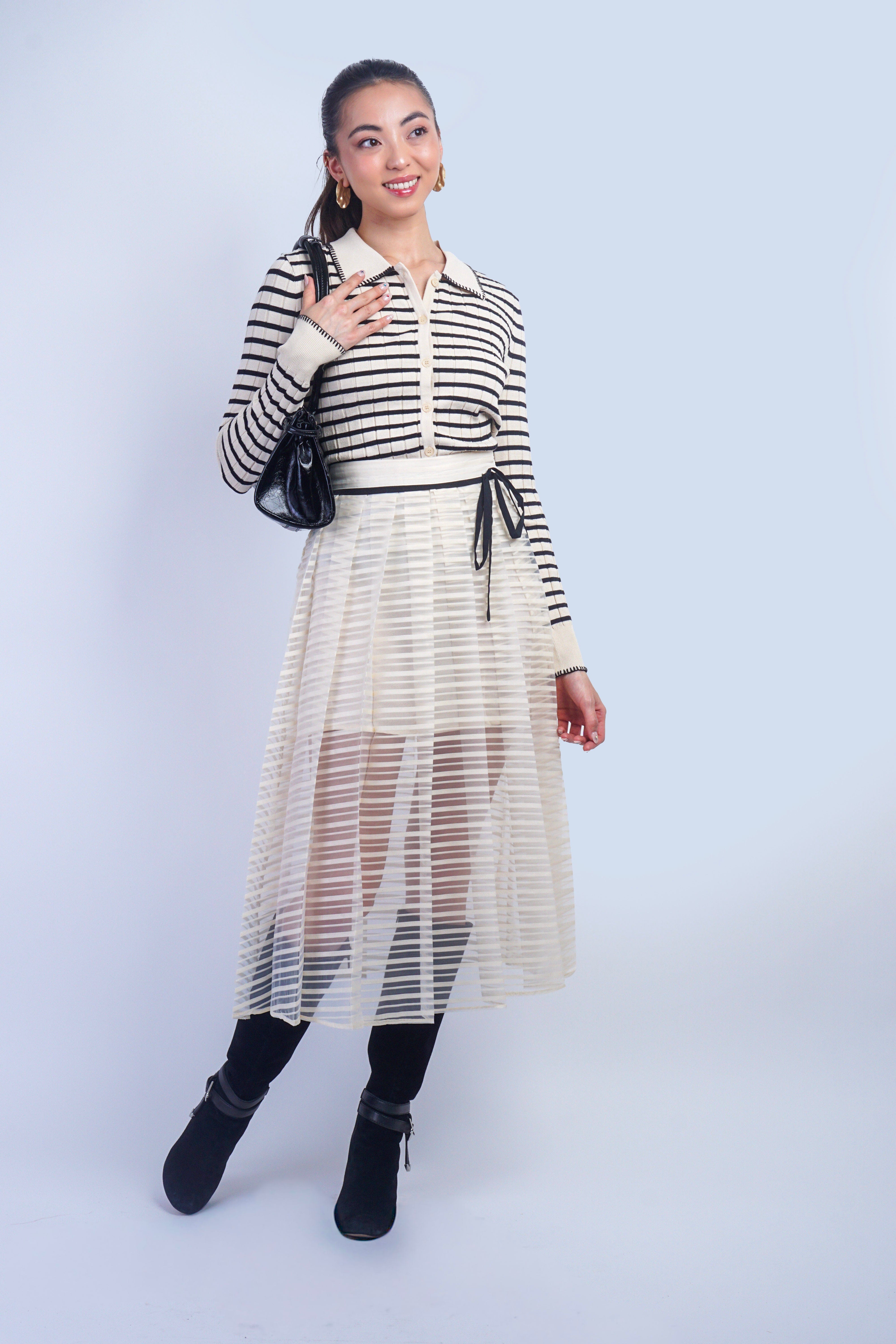 Private Label SWEATERS Stripe Ivory/Black Collared Cardigan Sweater