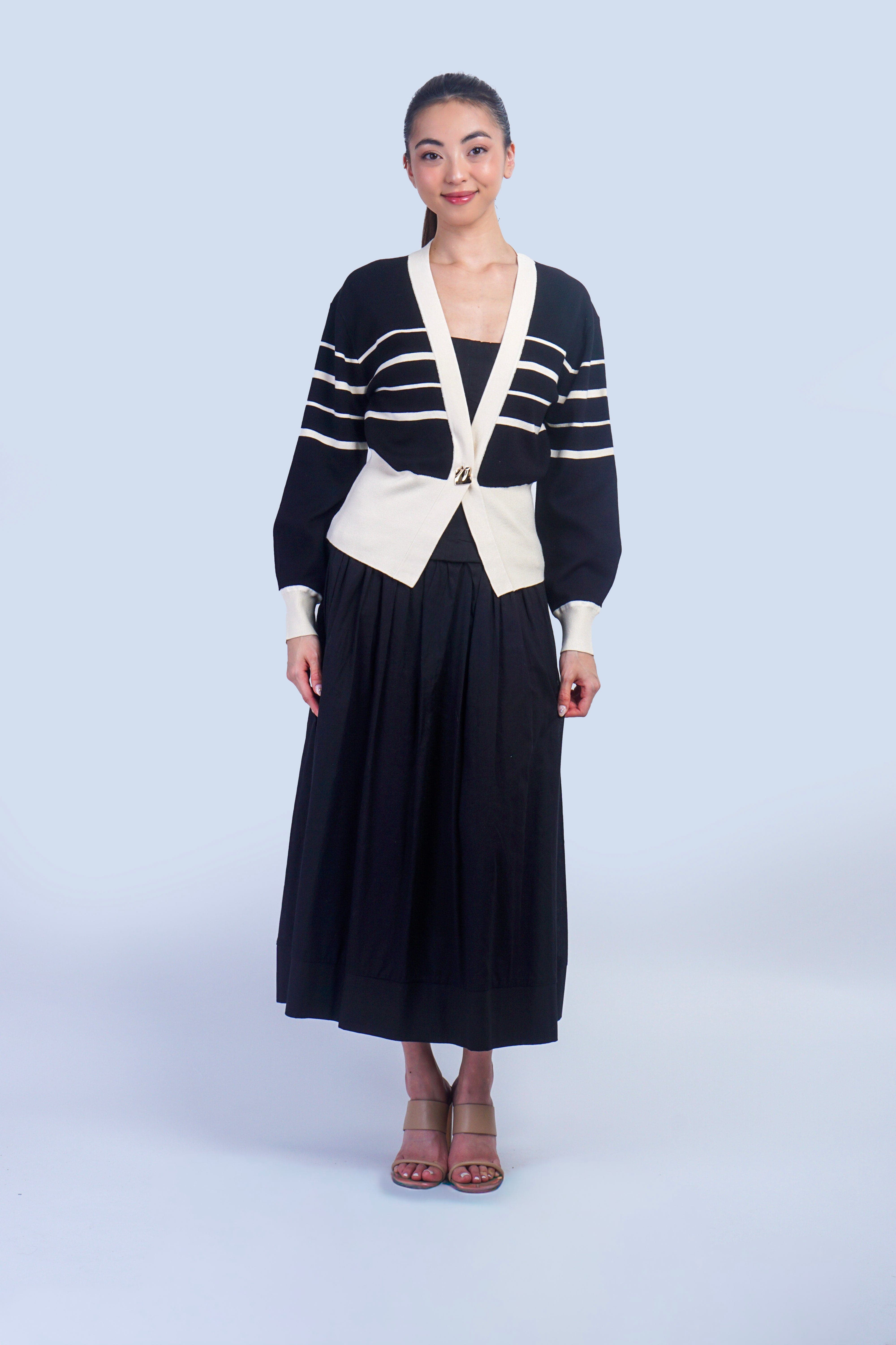 Private Label TOPS Black & Ivory Stripe Gold Button Cardigan