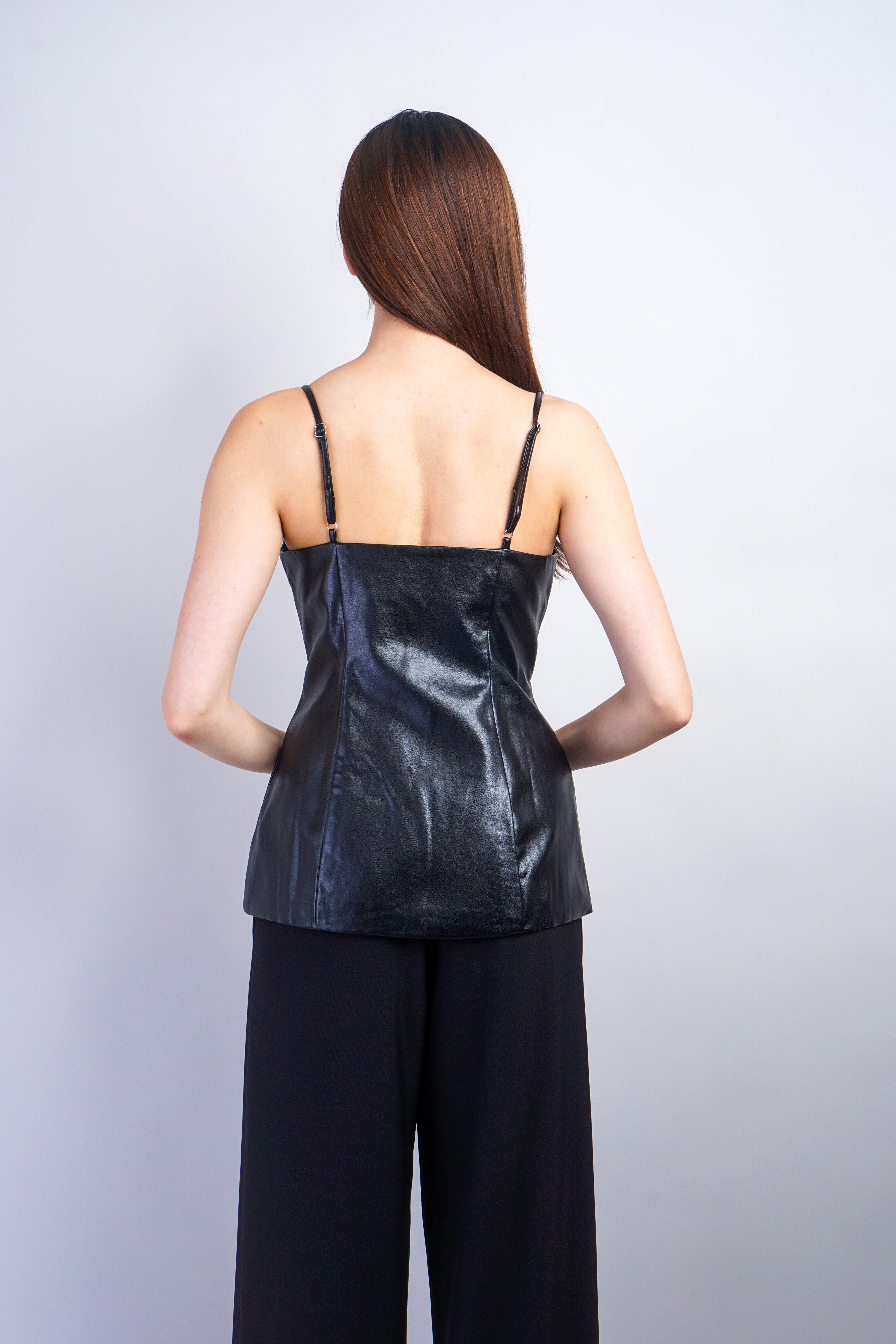 Private Label TOPS Black Vegan Leather Gold Square Button Top