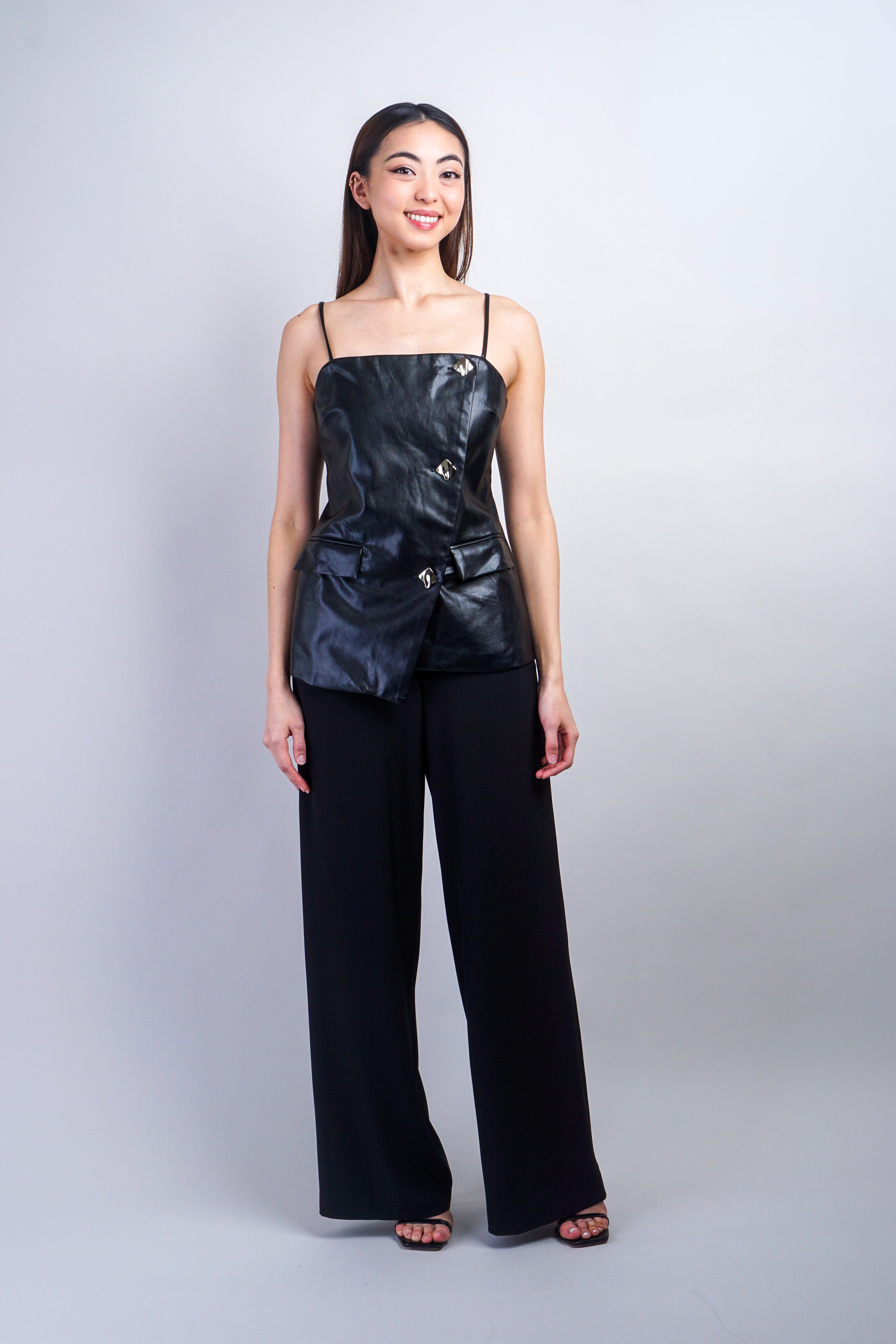 Private Label TOPS Black Vegan Leather Gold Square Button Top