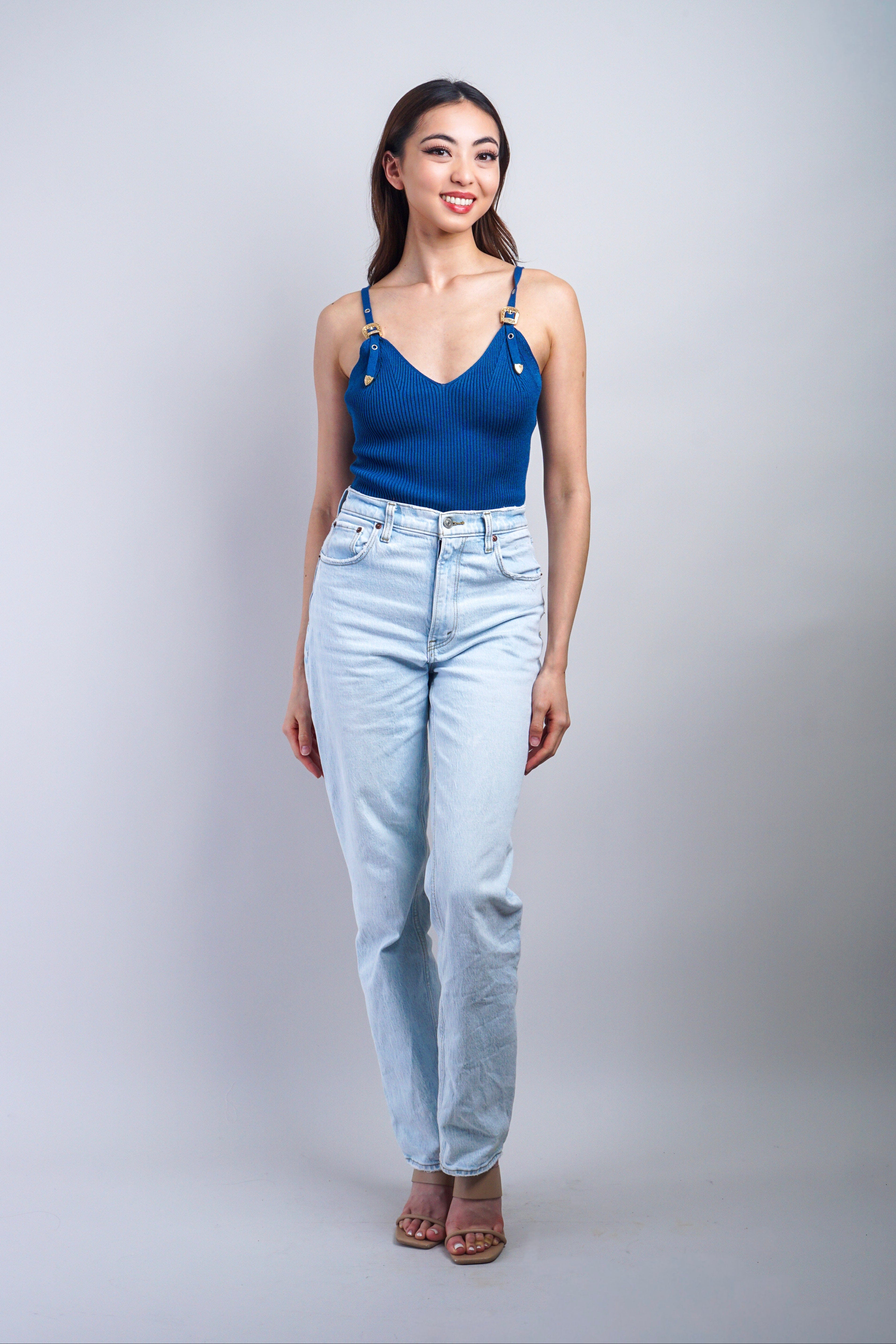 Private Label TOPS Blue Buckle Strapped Bodysuit
