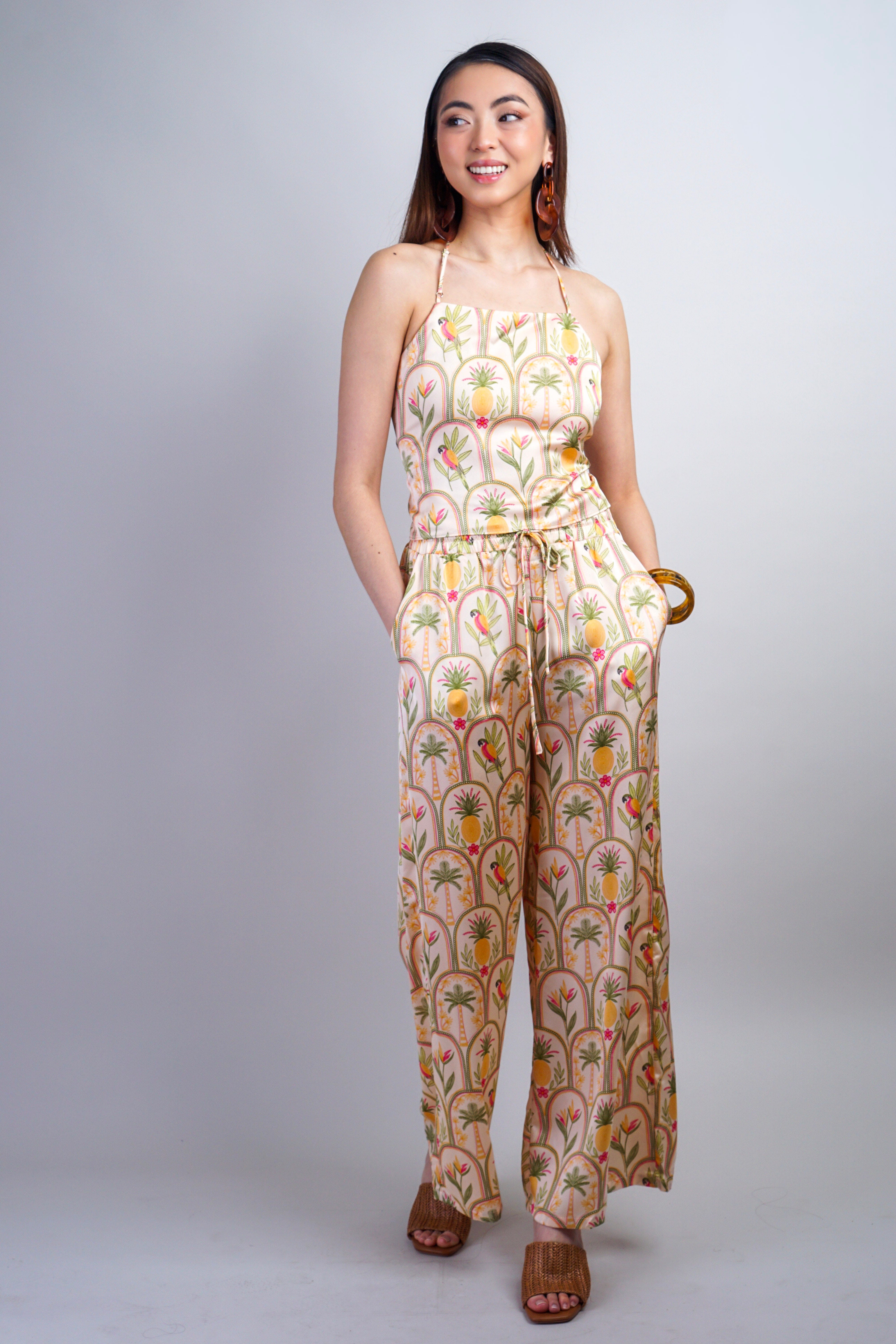 Private Label TOPS Blush Arch Multi Print Halter Satin Top
