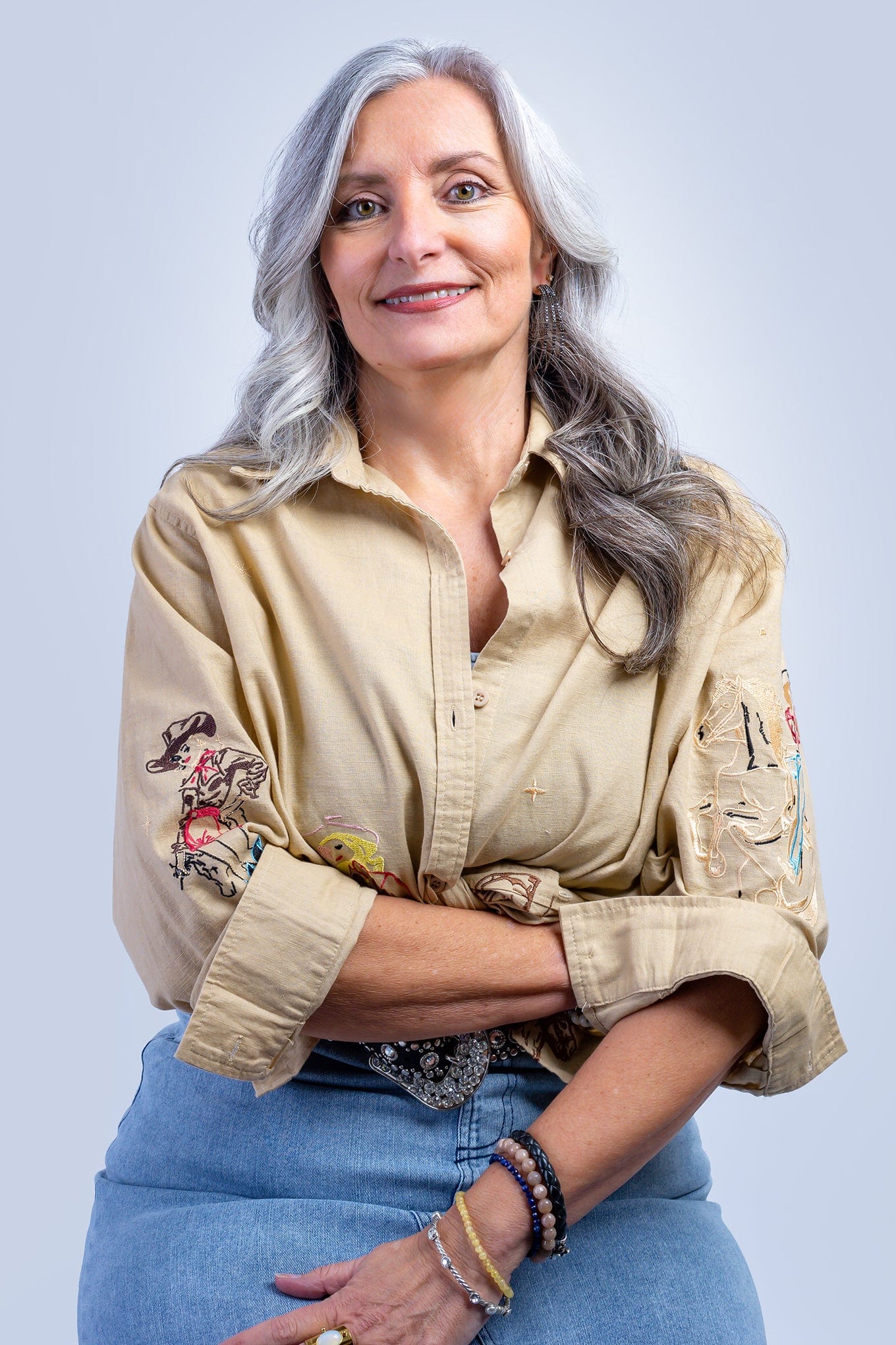 DCD TOPS Camel Embroidered Western Cowgirl Button Up Linen Shirt