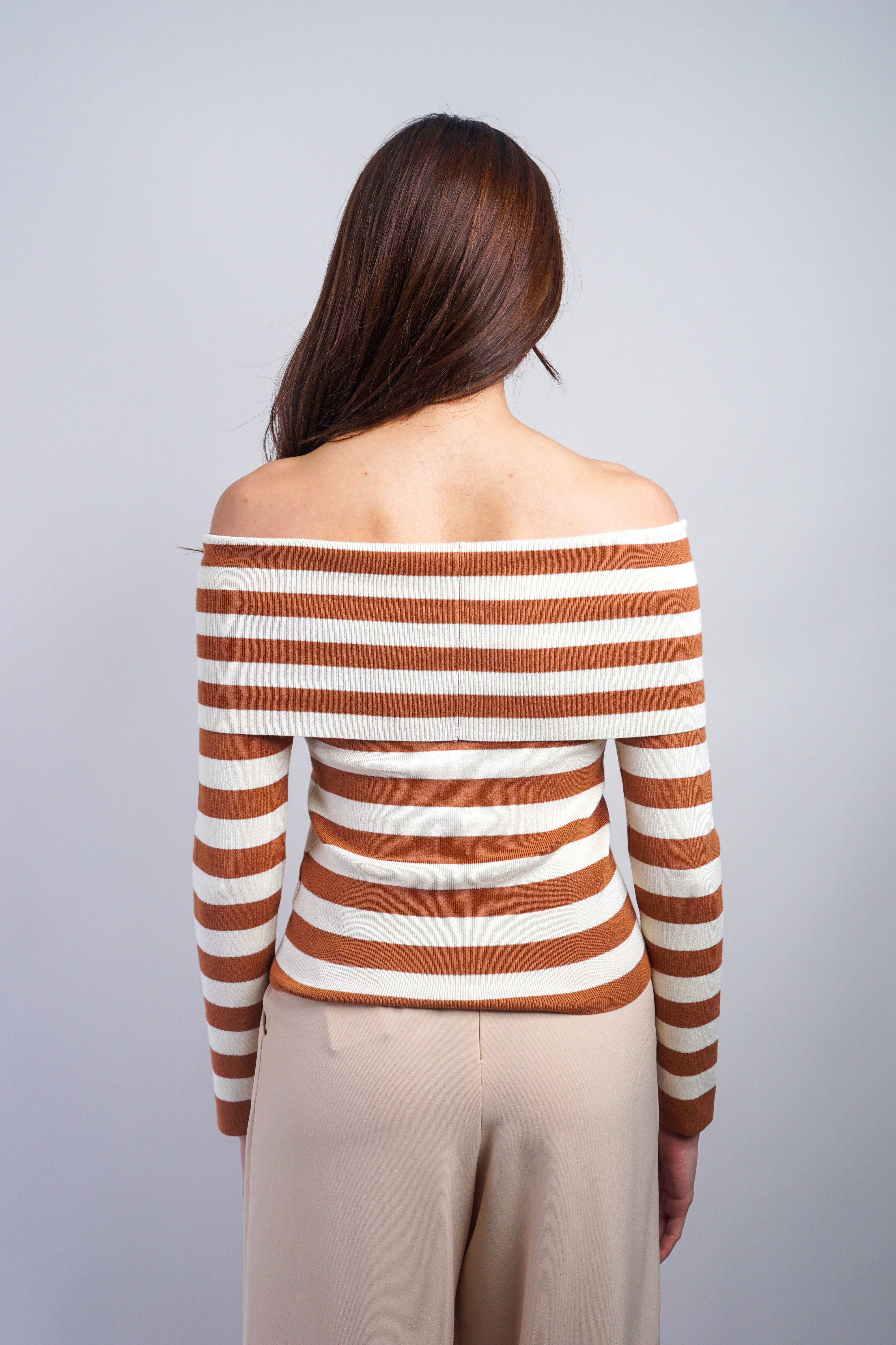 Private Label TOPS Caramel & Ivory Stripe Off Shoulder Long Sleeve Top
