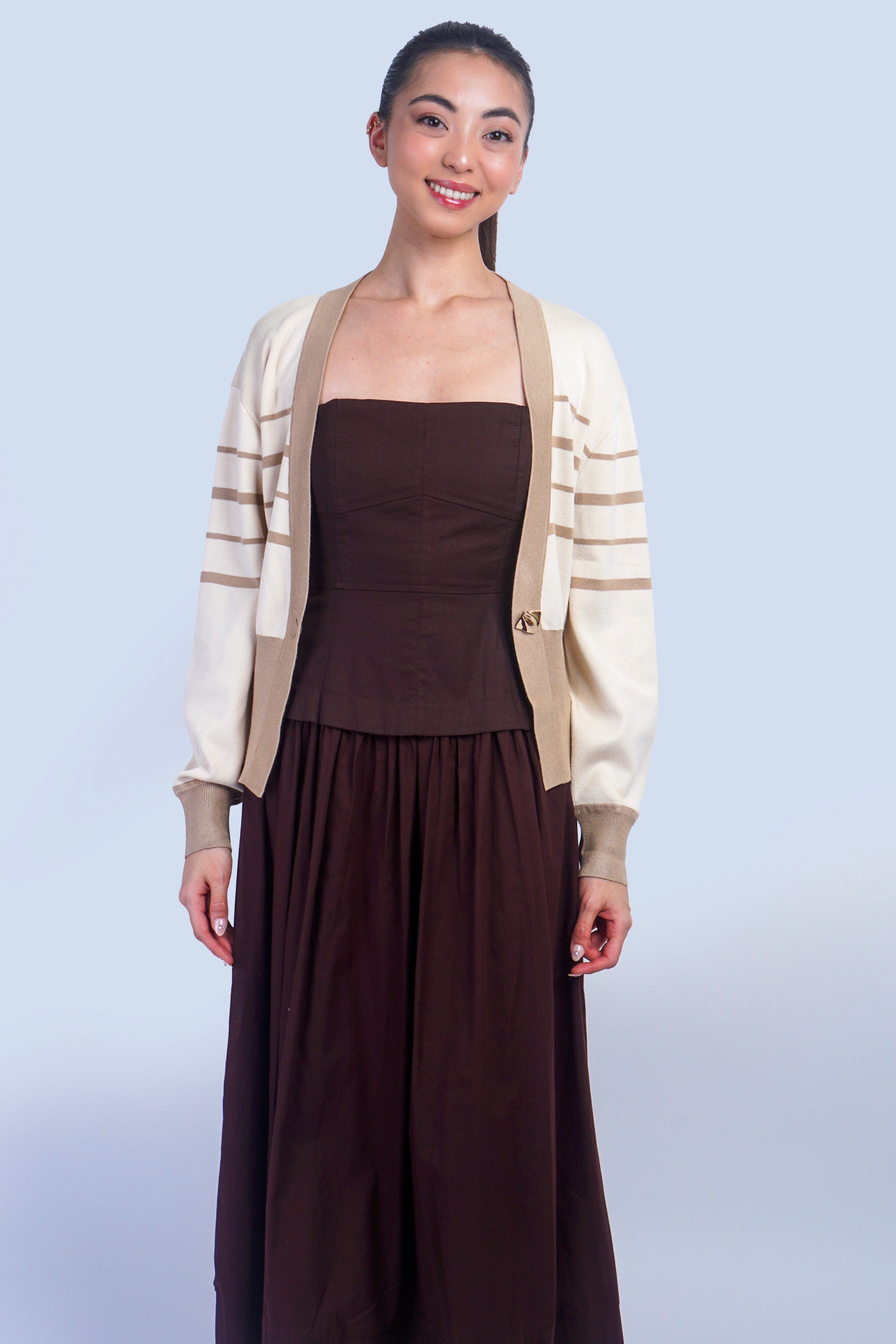 Private Label TOPS Cream & Tan Stripe Gold Button Cardigan