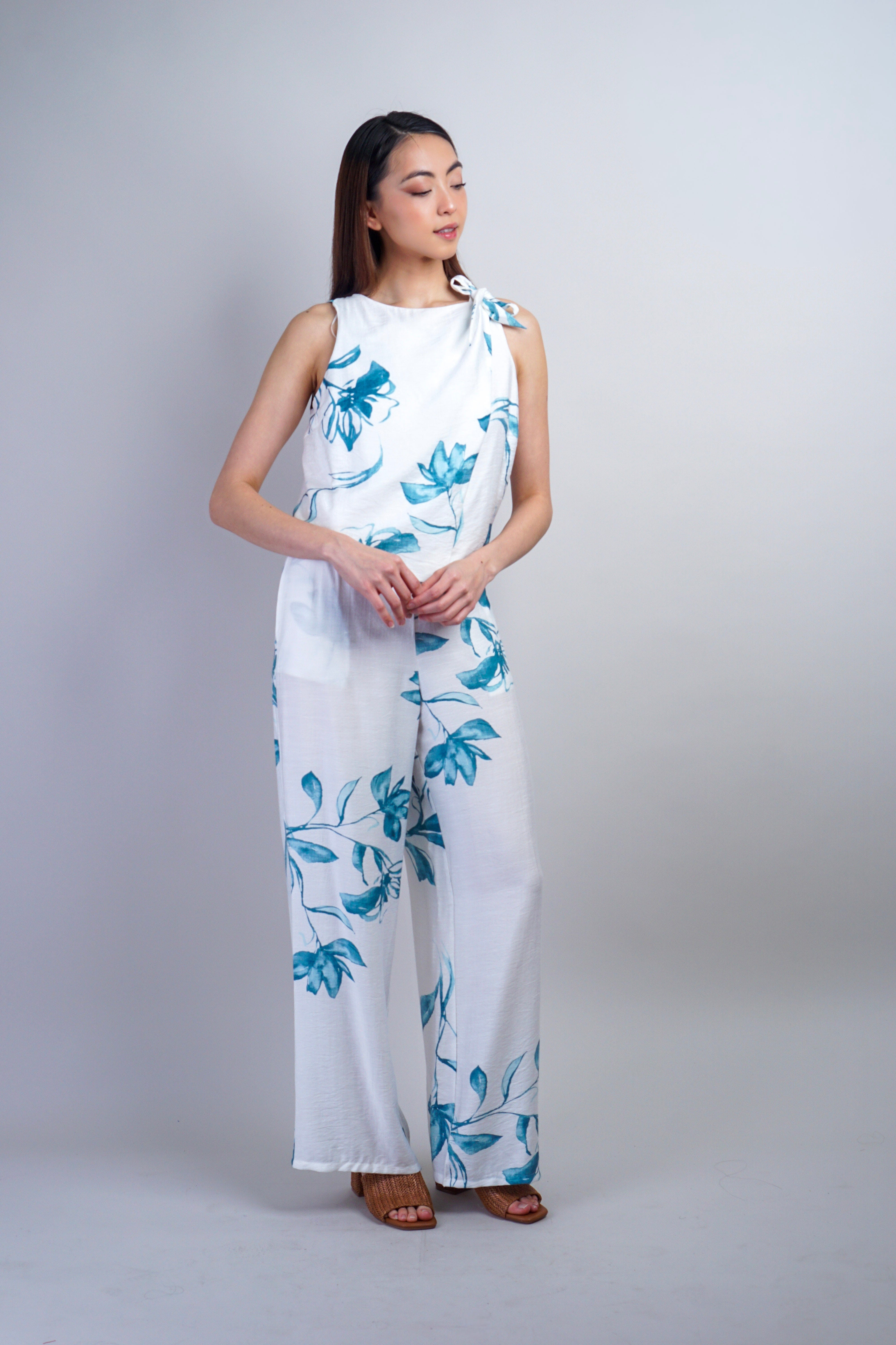 Private Label TOPS Floral Teal Tie Shoulder Top