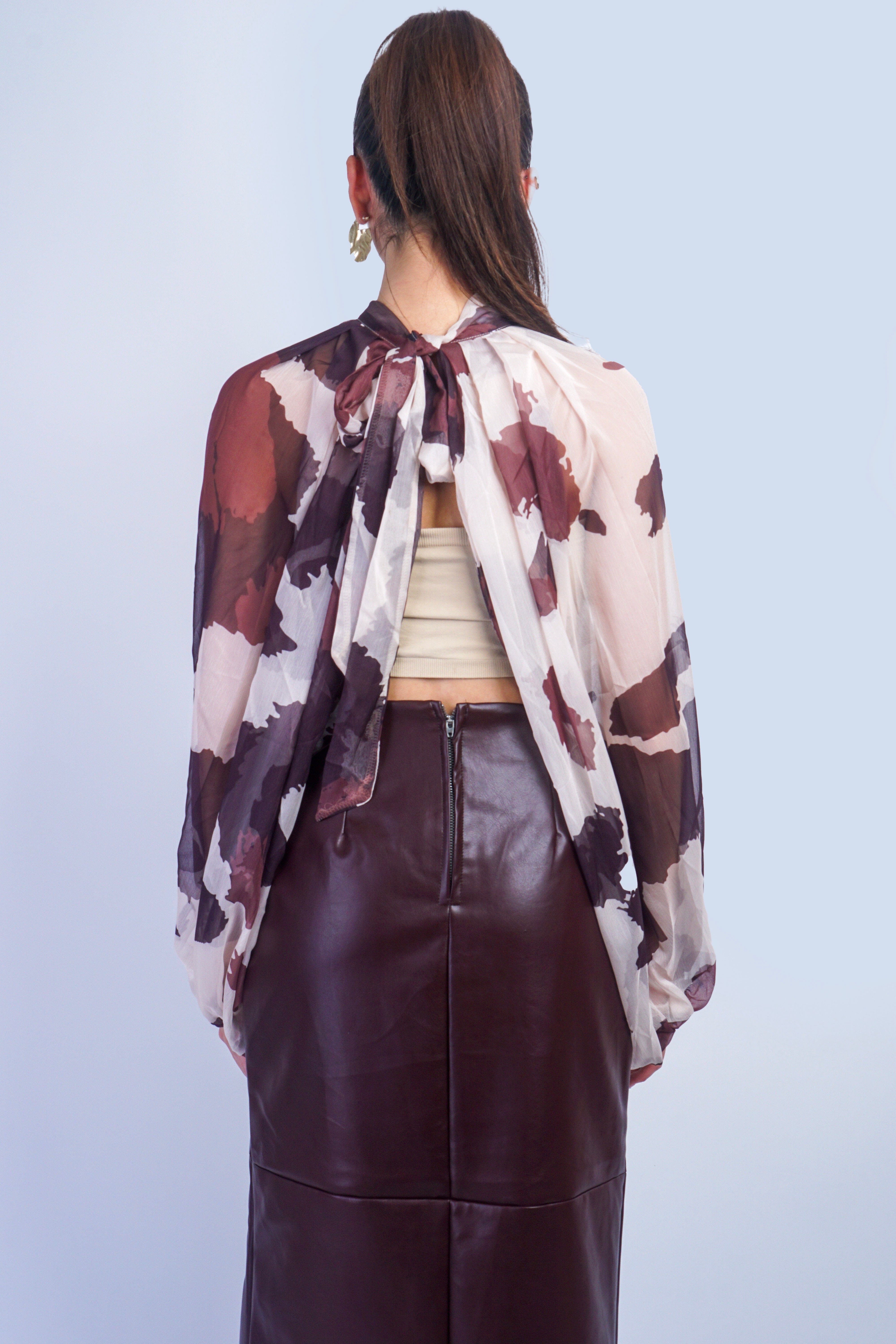 Private Label TOPS Ivory Brown Cow Chiffon Halter Tie Top