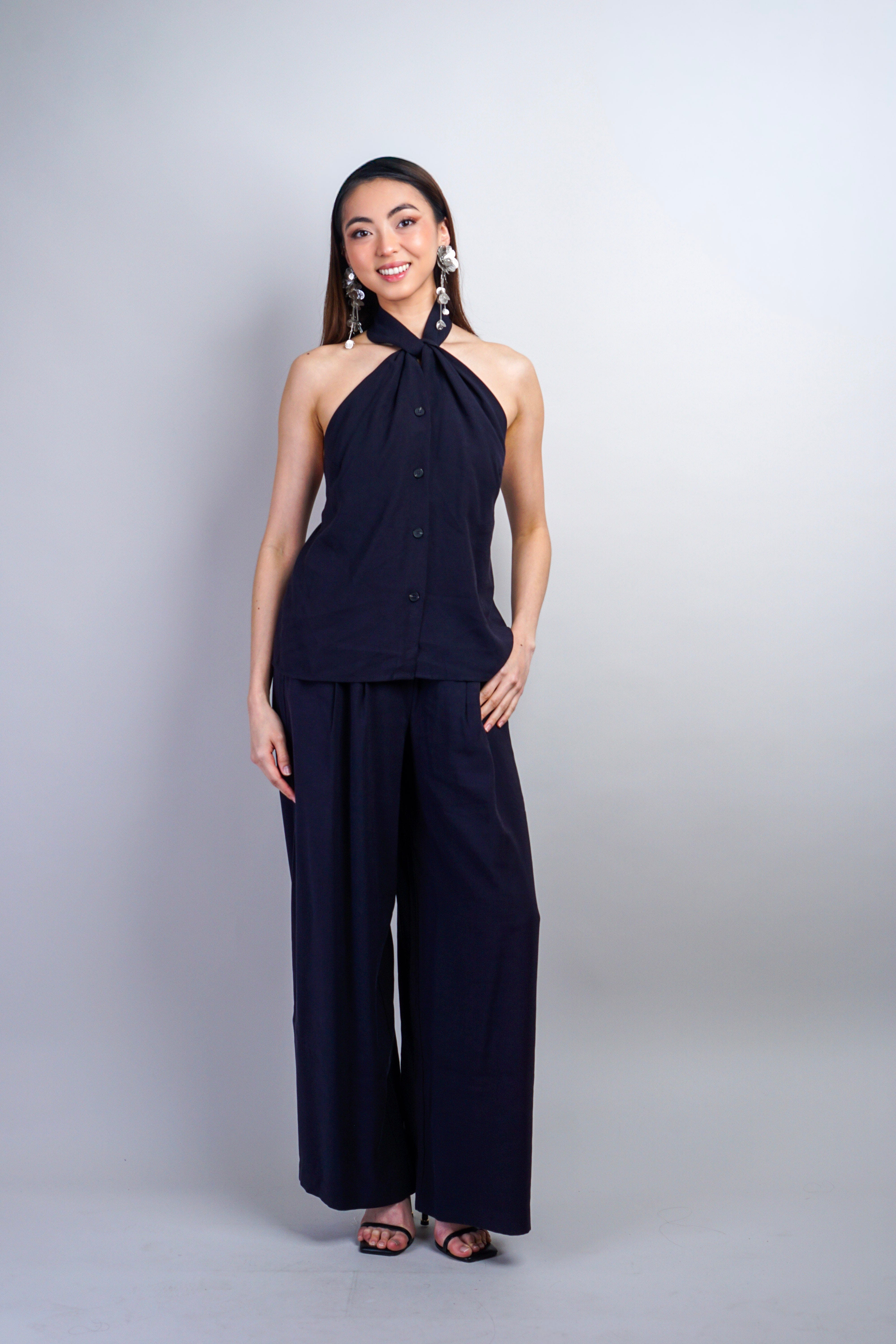 Private Label TOPS Navy Halter Button Backless Top